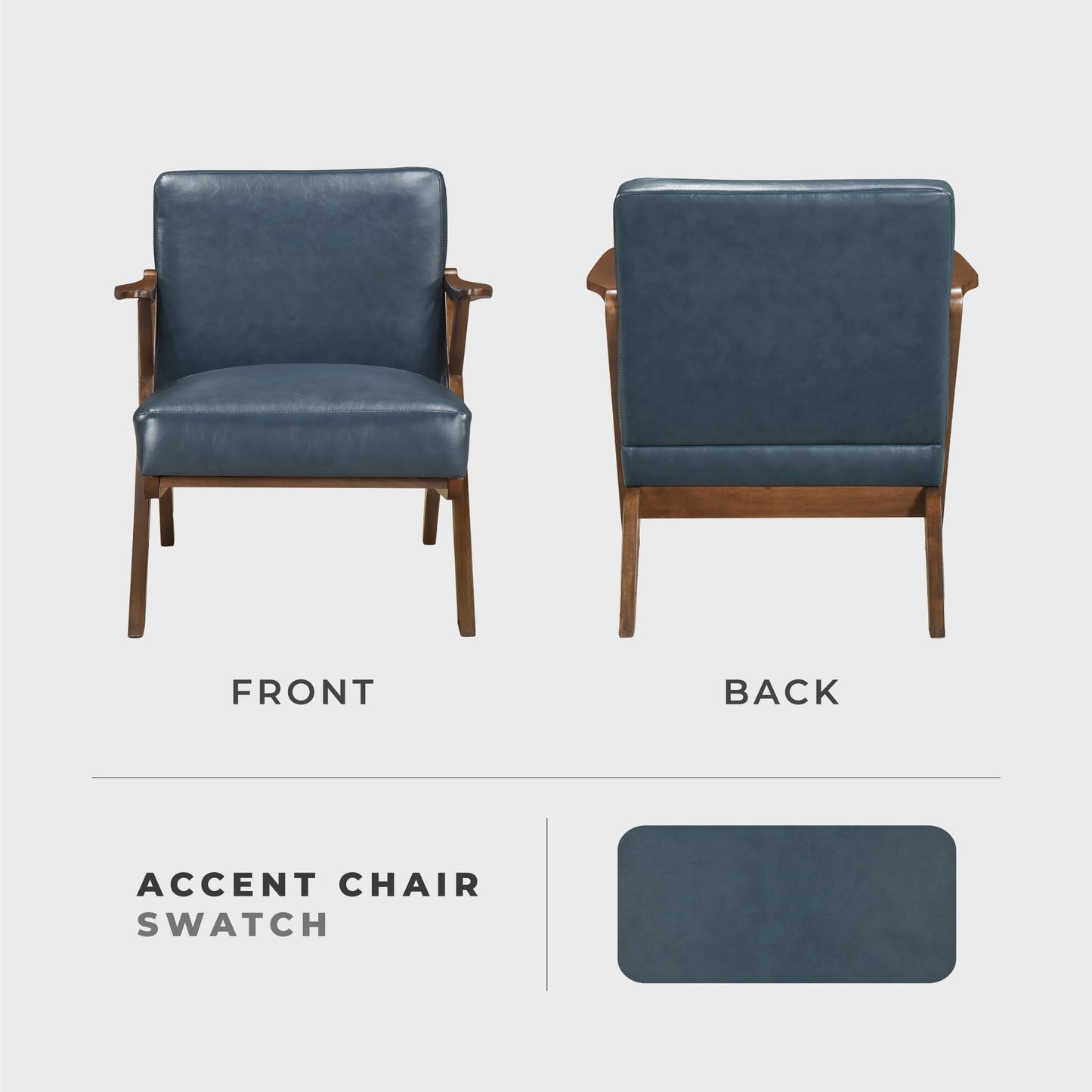 Lexicon Mid Century Modern Accent Chair, Faux Leather Upholstered Lounge Seat, Brown Finish Solid Wood Framed Comfy Side Chair for Living Room/Bedroom/Office/Waiting Area, Blue