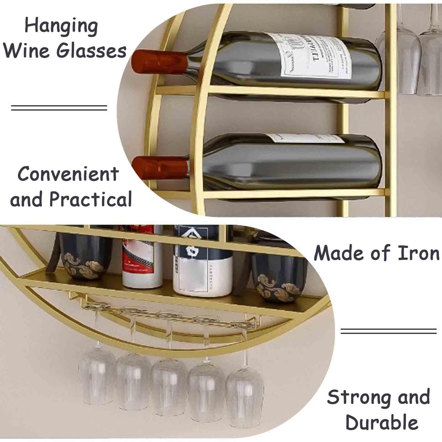 Wall-Mounted Hanging Wine Rack, Iron Bottle Shelf & Glass Stemware Organizer, Stylish Home & Bar Display, 60x11x60cm, Gold Liquor Storage for Kitchen & Cafe