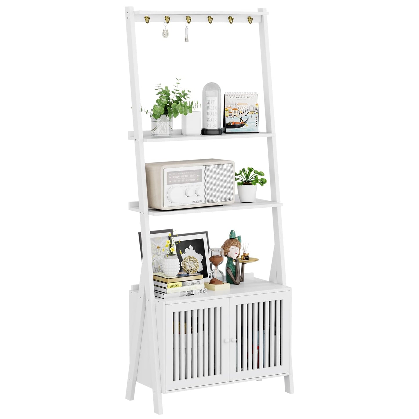 Bookcase with Drawers, 4-Tier Bamboo Bookshelf Ladder Shelf with 6 Hooks, 59.5"H x 24.8"L x 10.6"W, Tall Narrow Freestanding Standing Storage Organizer for Living Room, Office, Bedroom, White