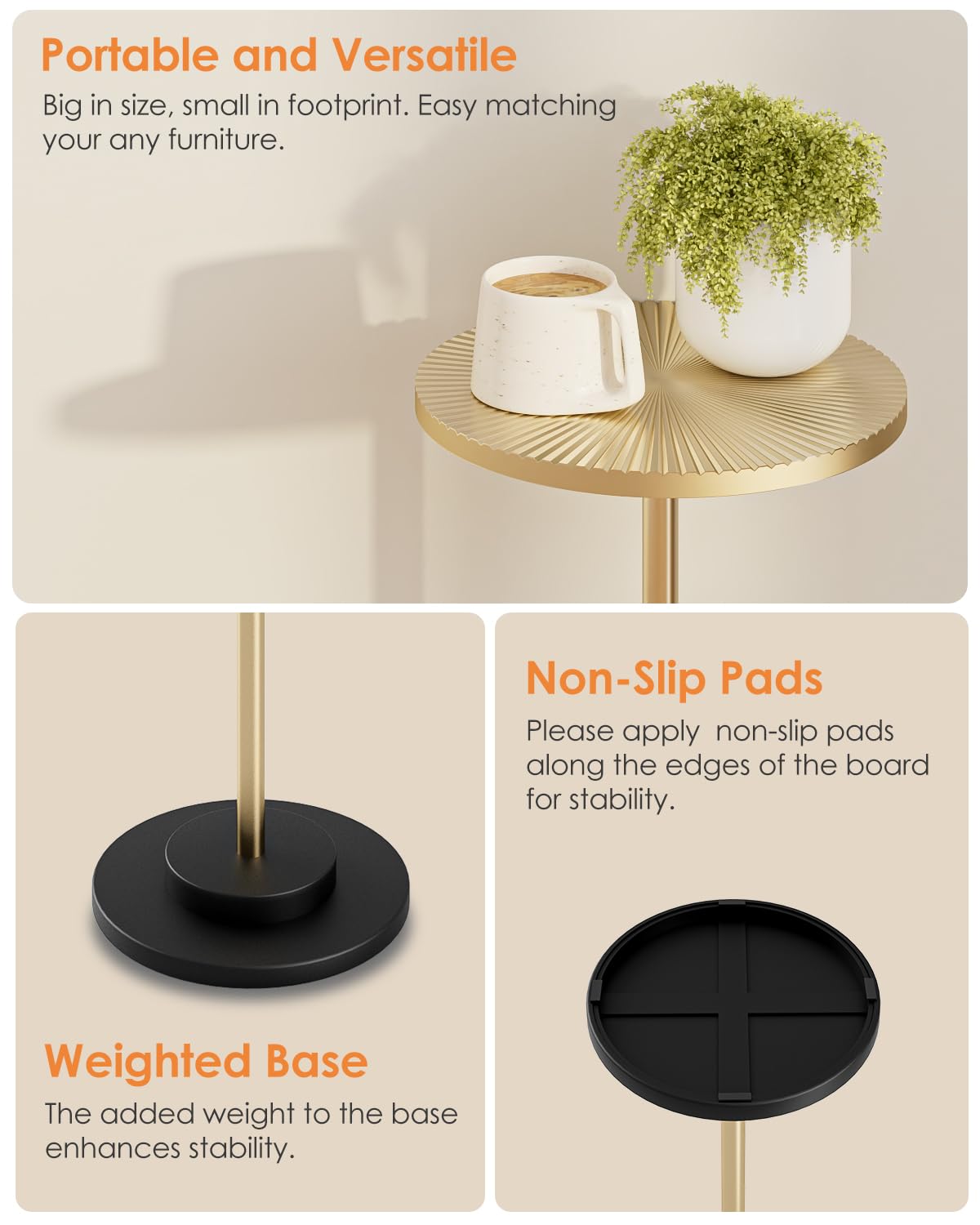 Round Side Table, Small Drink Table for Small Spaces, Modern Accent End Table with Metal Leg for Living Room, Bedroom, Corners, and Office (Gold)