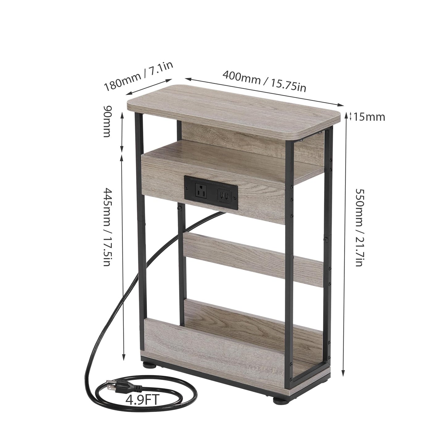 YEAKOO Narrow Side Table with Charging Station, 3-Tier End Table with 2 USB Ports & Power Outlets,Thin Sofa Side Table for Narrow and Small Spaces, Bedside Table Nightstand for Living Room,Oak