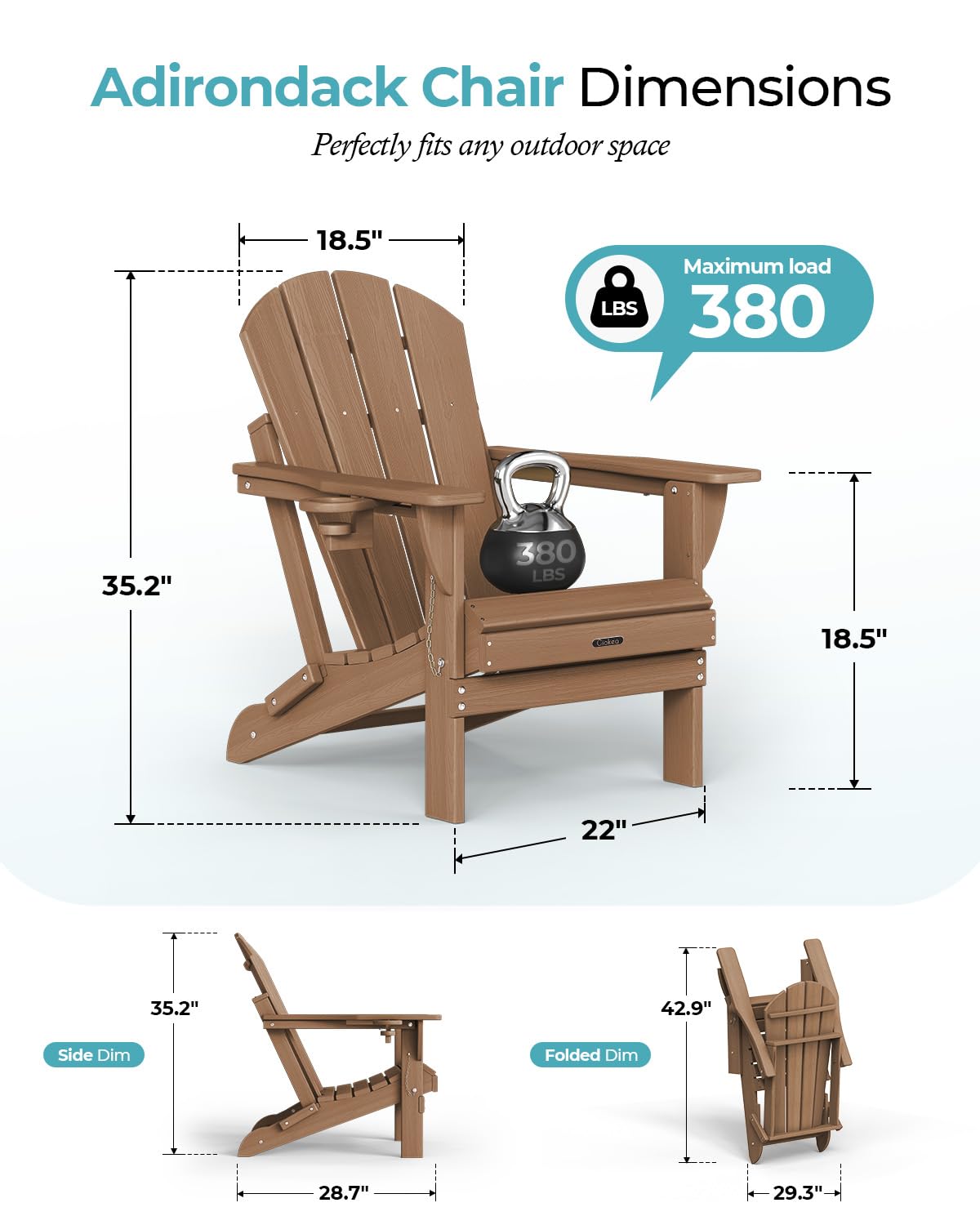 Ciokea Folding Adirondack Chair Wood Texture, Patio Adirondack Chair Weather Resistant, Plastic Fire Pit Chair with Cup Holder, Lawn Chair for Outdoor Porch Garden Backyard Deck (Teak)