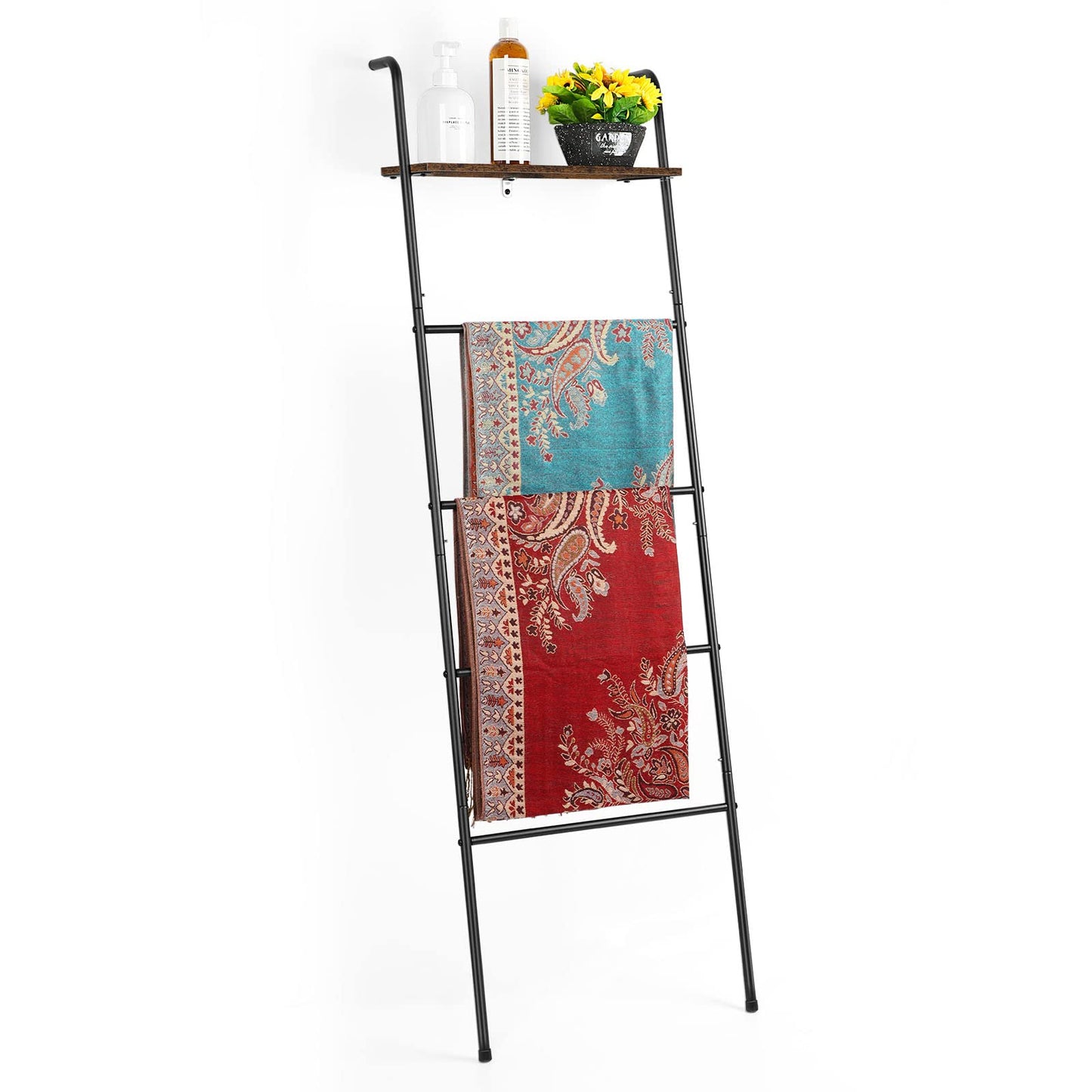 Blanket Ladder Holder for Living Room Farmhouse Decorative Ladder Holder with Storage Shelf, Wall Leaning Quilt Towel Rack for Bathroom, Bedroom, Rustic Home Decor, Black