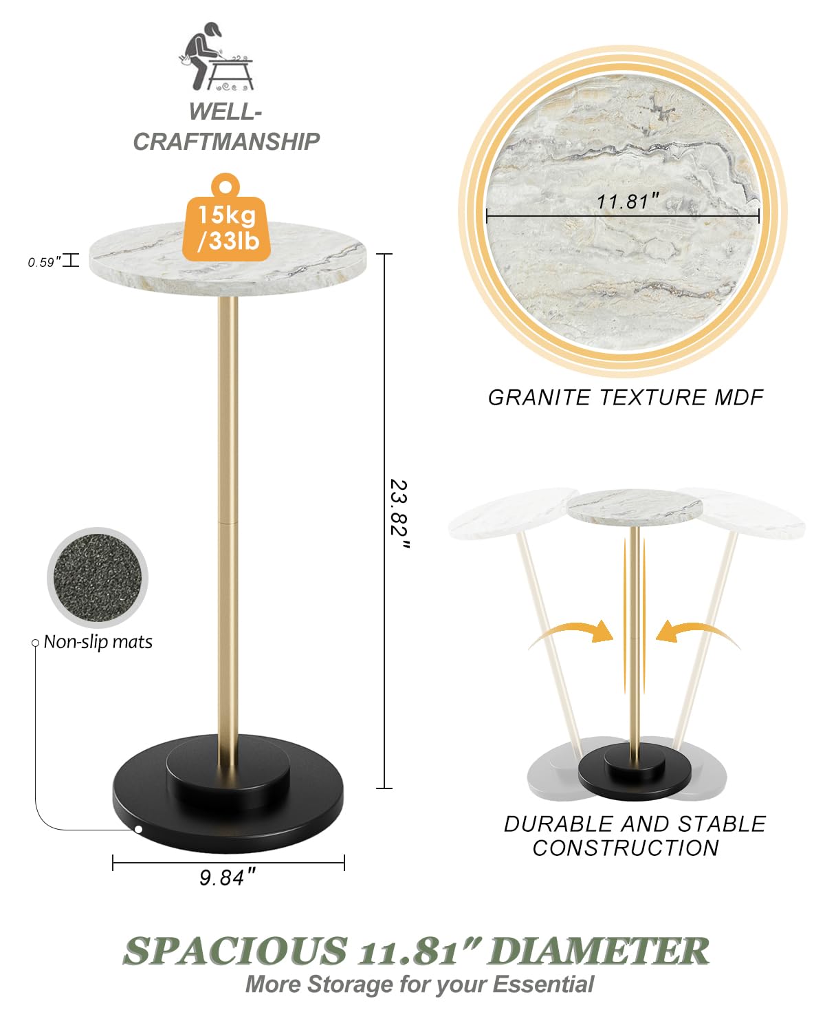 Round Side Table, Small Drink Table for Small Spaces, Modern Accent End Table with Metal Leg for Living Room, Bedroom, Corners, and Office (Marble)