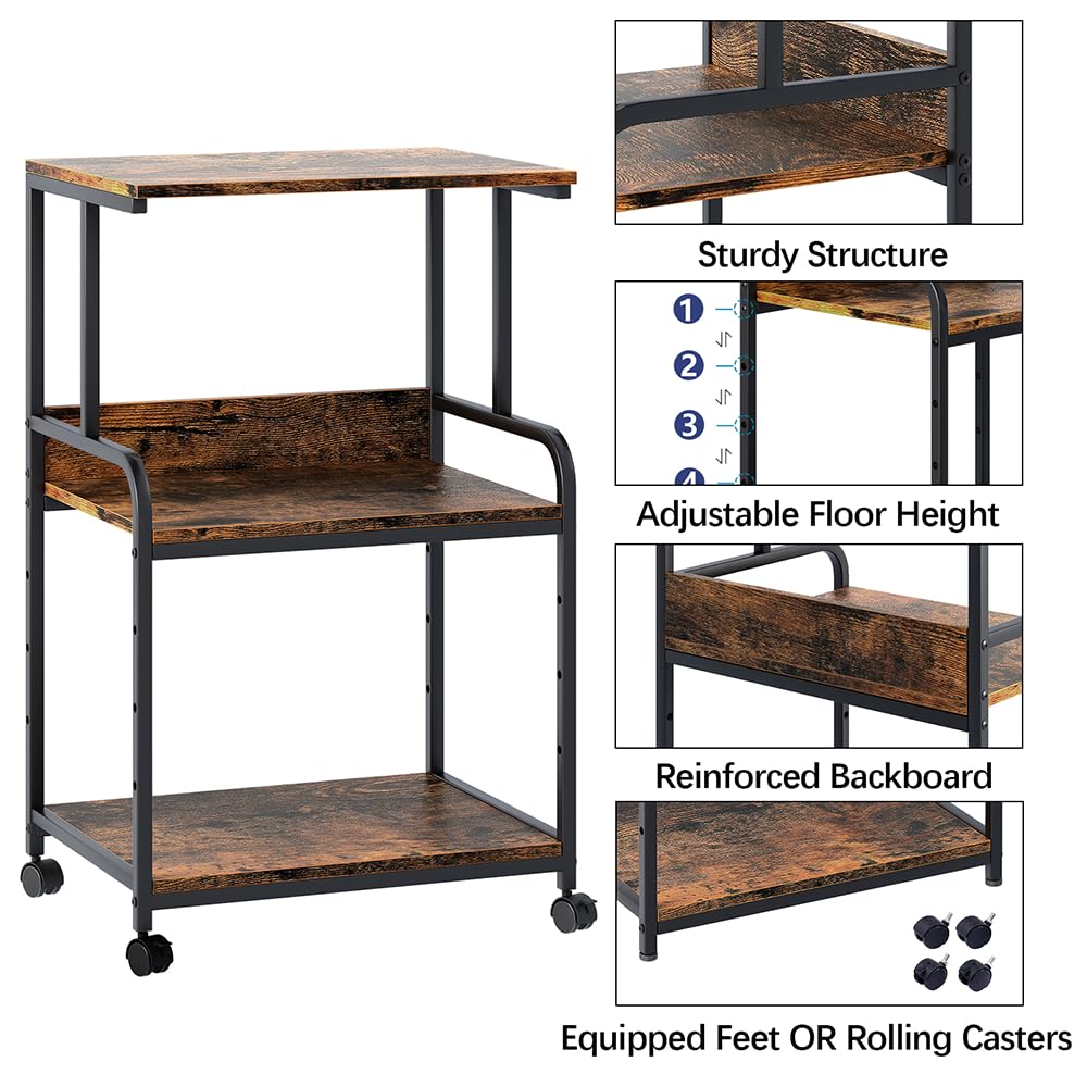 Arbuxzuy Printer Stand with Storage Shelf,3 Tier Printer Cart with Wheels,Mobile Printer Table for Home Office,Stands for Printer Heat Press Scanner Fax,Industrial Style (Brown)