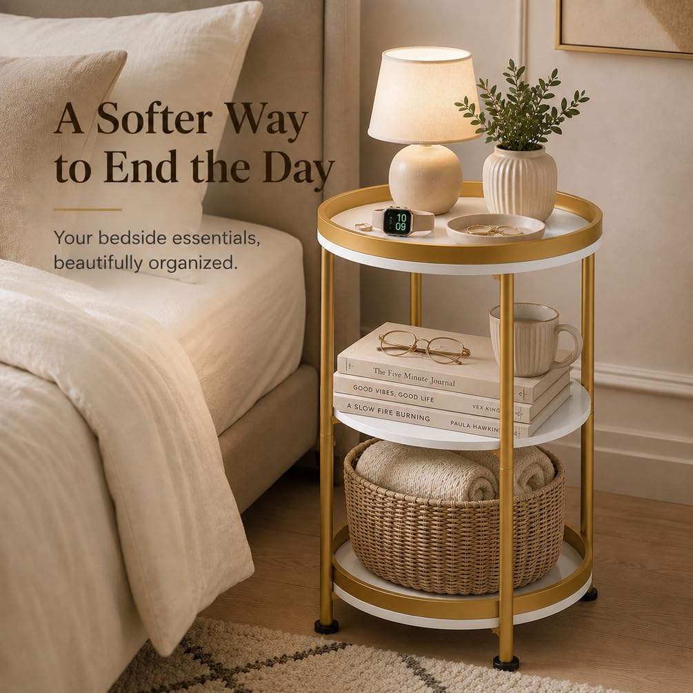 Dulcii Round Side Table with Storage Tray for Living Room, 15" L x 15" W x 24" H Bedroom Nightstand 3 Tiers Bedside Table with Steel Frame for Small Spaces (White & Gold)