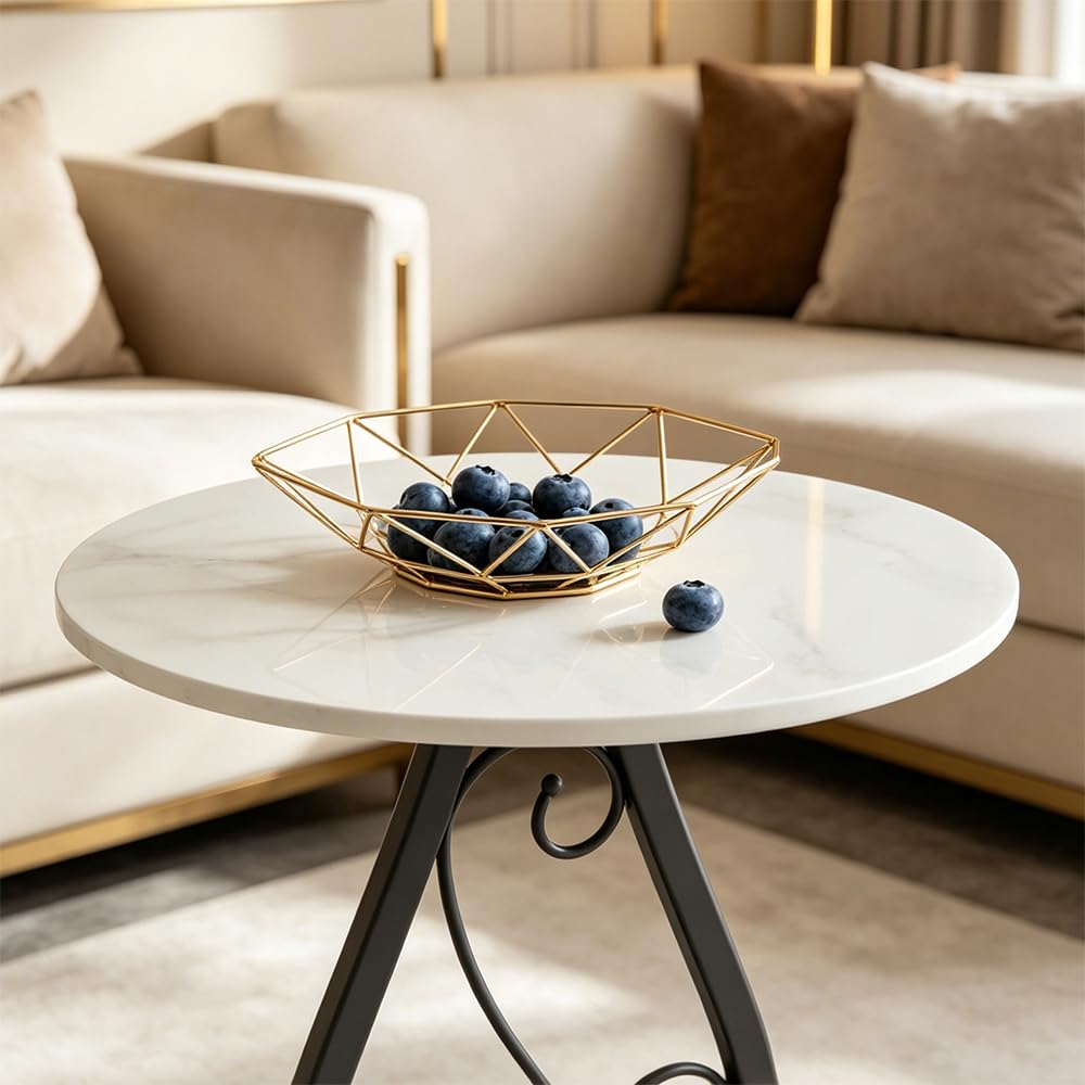Round End Table Living Room, BOHO Small Side Table with Luxury Marble Top & Black Metal Base, Modern Coffee Accent Table, Bedside Nightstand for Bedroom, Sofa End Table for Couch Outdoor Patio (Black)