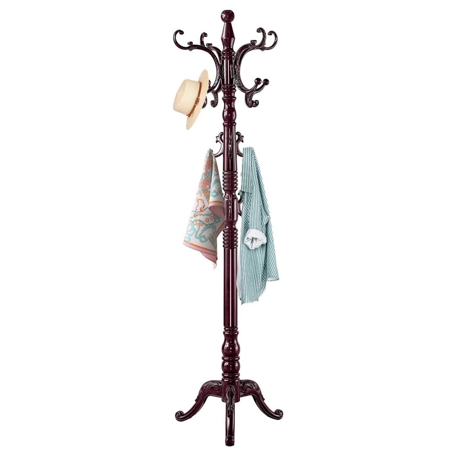 ZOZOE Wooden Classic Coat Rack Stand, Solid Wood Coat Rack Freestanding with 14 Hooks, Vintage Coat Racks with Sturdy Triangle Base, Natural Birch Wood Coat Clothes Tree Stand for Entryway Hallway
