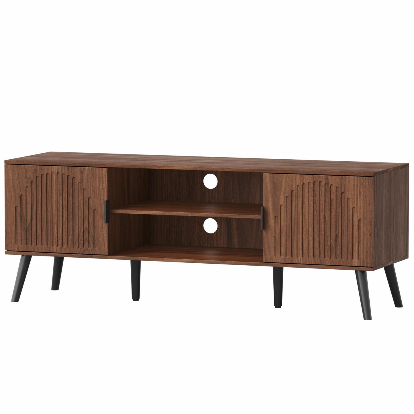 ChooChoo TV Stand for Living Room, Mid Century Modern TV Stand for 55/60 Inch TVs, Entertainment Center with Storage Cabinet and Open Shelves, TV Console Table Media Cabinet for Bedroom, Walnut
