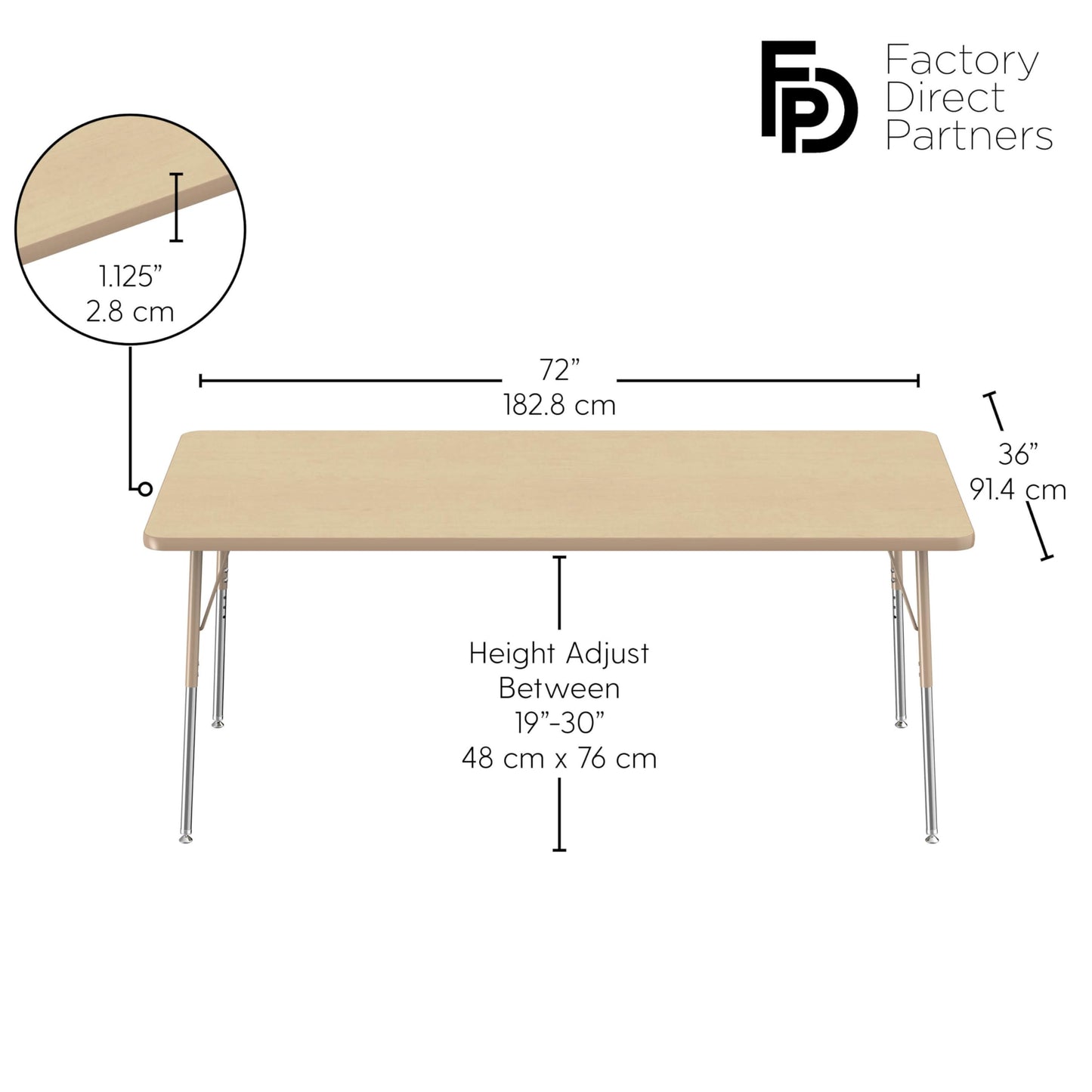 FDP Rectangle Activity School and Office Table (36 x 72 inch), Standard Legs with Swivel Glides, Adjustable Height 19-30 inches - Maple Top and Maple Edge with Sand Legs, 10035-230