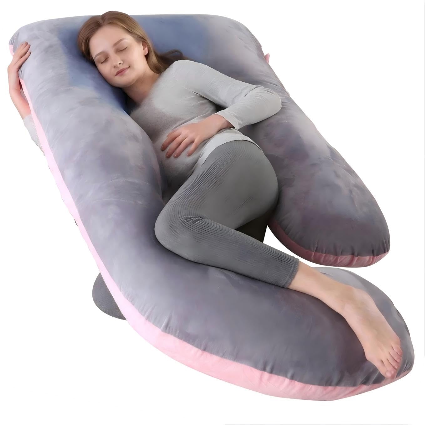 EZMOM Pregnancy Pillow for Sleeping, Soft 57“ Full Body Maternity Pillow, U Shaped with Removable Washable Cover, Support for Back, Belly, Leg, Hip, Neck & Shoulder (Pink & Grey)