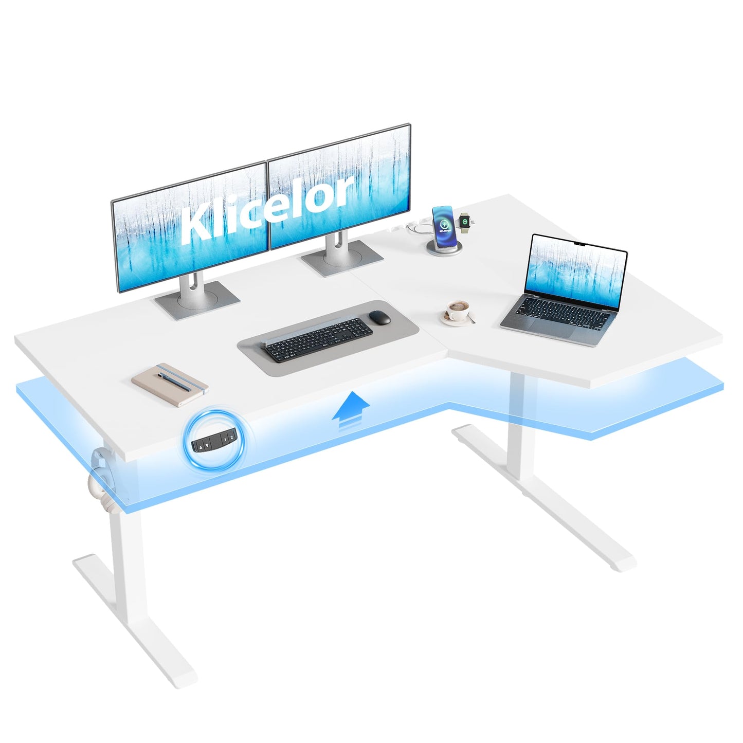 Klicelor L Shaped Standing Desk 55 x 31.5 Inch, Electric Height Adjustable Corner Desk for Home Office Workstation, Ergonomic Sit Stand Computer Table with Memory Controller, White