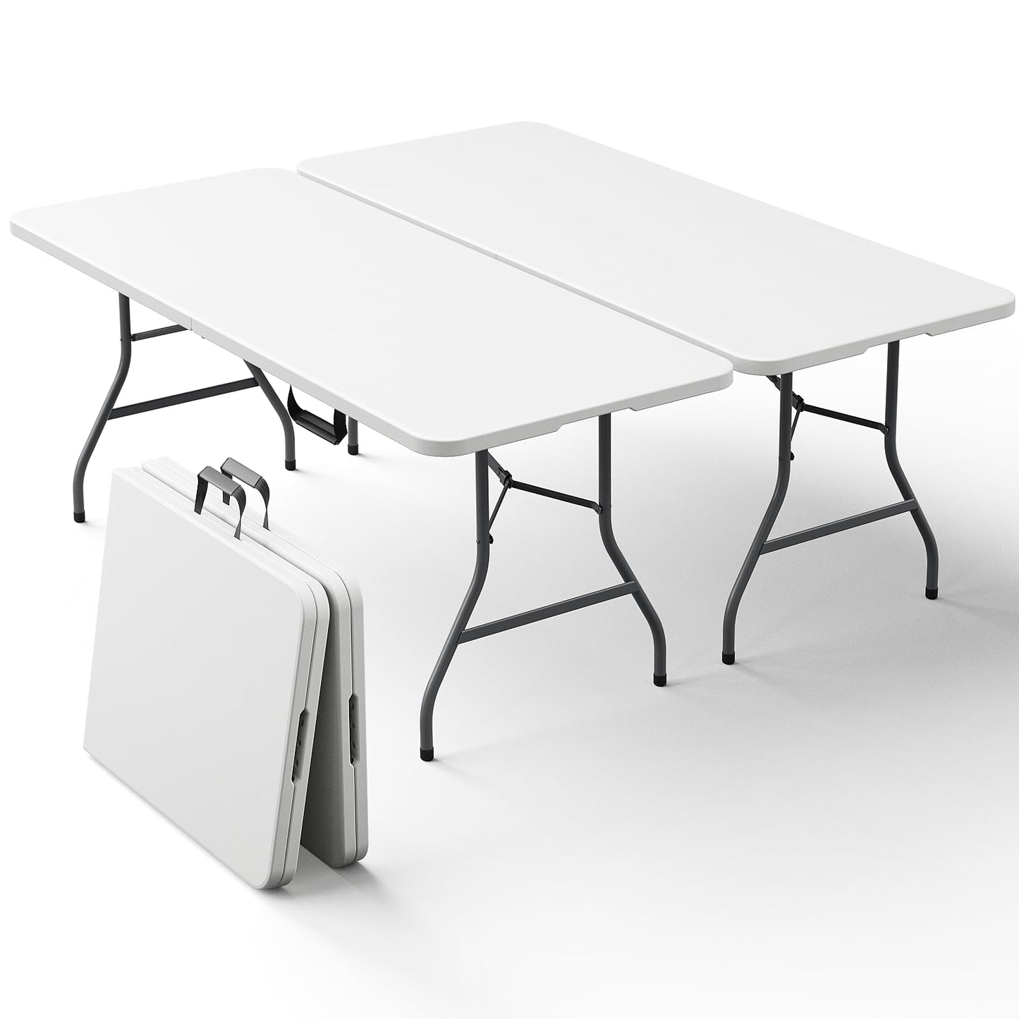 2 Pack Folding Table 6ft - Heavy Duty Plastic Table with Handle, Foldable & Portable, Fold-in-Half Utility Tables for Outdoor, Dining, Wedding, Events, Indoor, Picnic, Camping, Party(White)