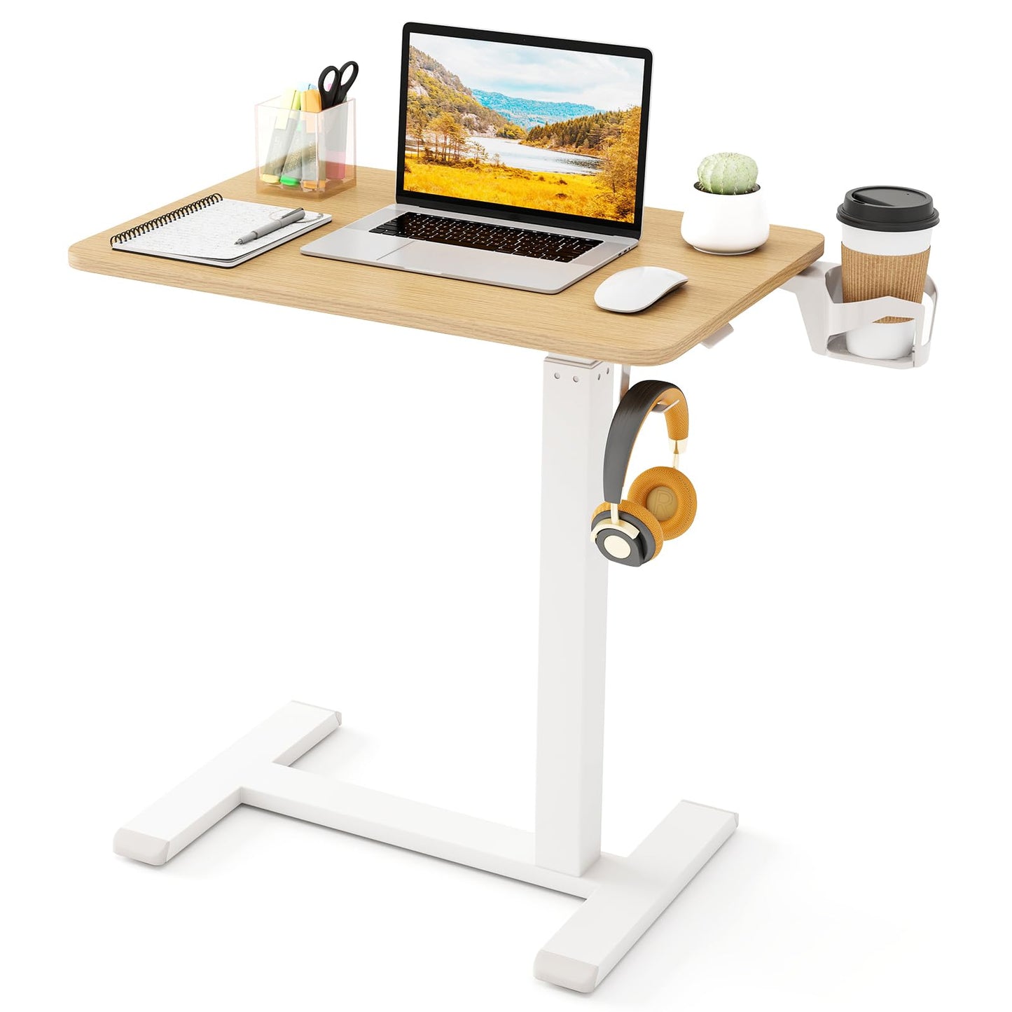 Tangkula Mobile Standing Desk, Pneumatic Height Adjustable Rolling Desk with Cup Holder & Headphone Hook, Overbed Table with Hidden Wheels, Laptop Computer Cart for Couch, Home, Office (Natural)