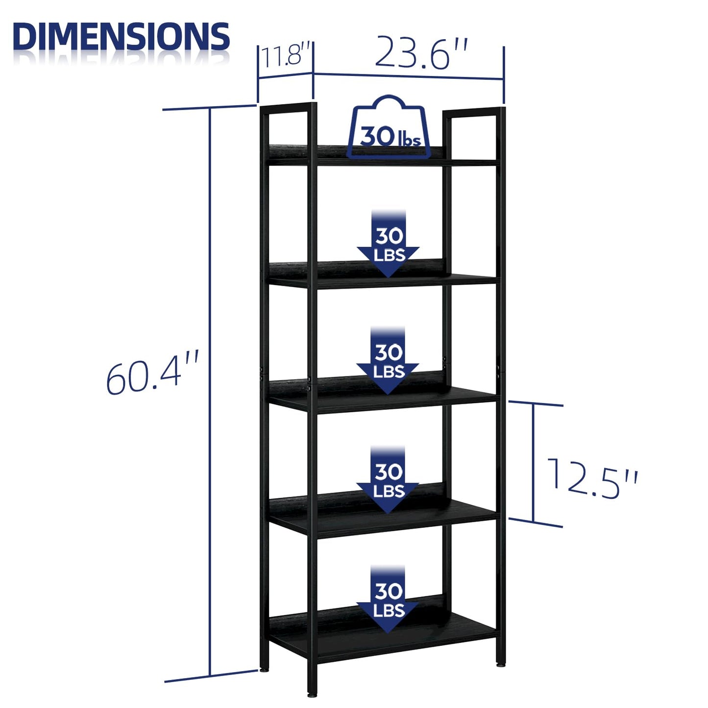 NUMENN Bookshelf, 5 Tier Bookshelves, Home Office Bookcase Shelf Storage Organizer, Free Standing Storage Shelving Unit for Bedroom, Living Room and Home Office, Black