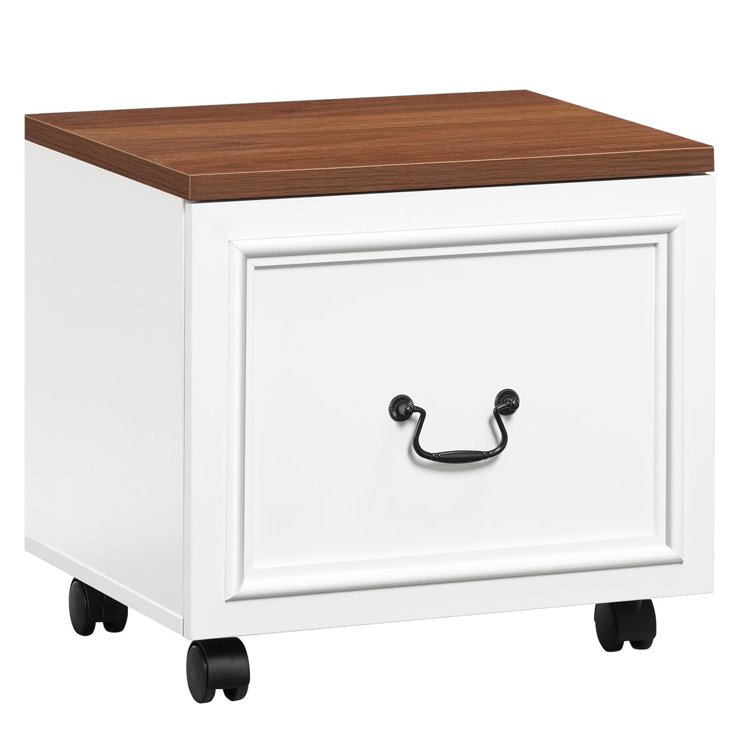 MAHANCRIS 1 Drawer File Cabinet, Rolling File Cabinet for Home Office, Wooden Under Desk Storage, Printer Stand with Drawers, for A4/Letter-Size Files, White and Walnut FCBA3701