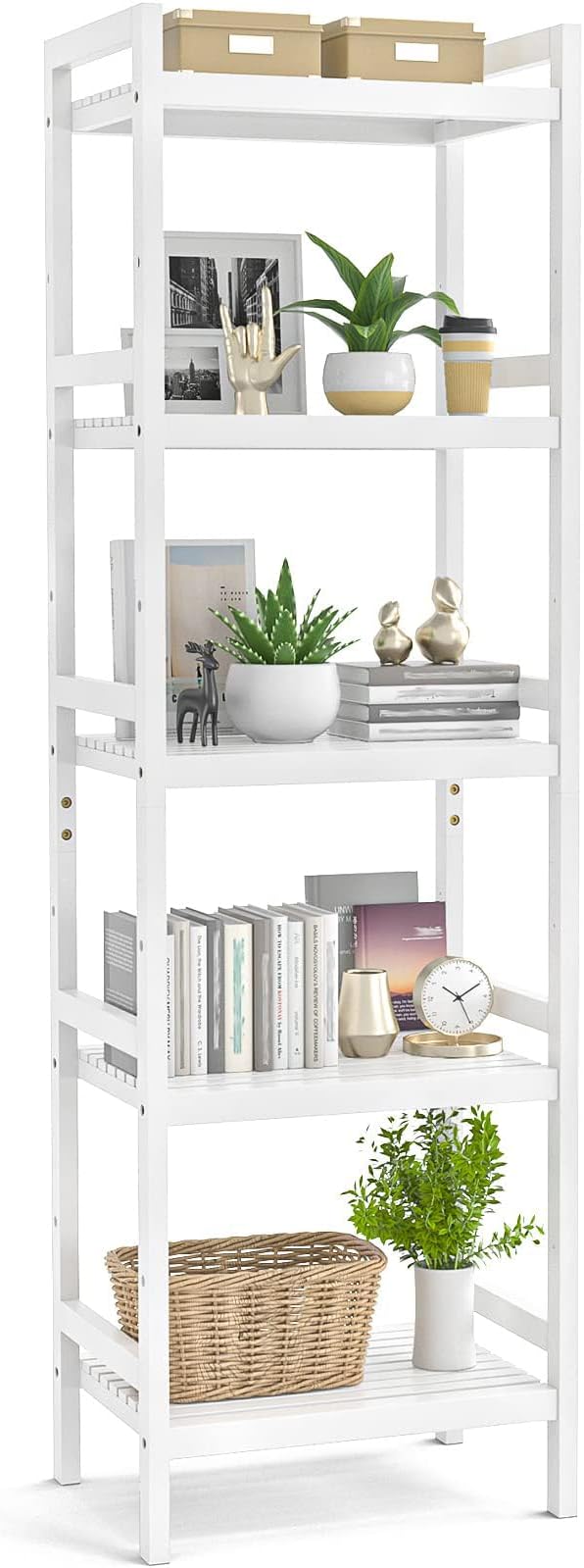 Homykic Bamboo Bookshelf, 5-Tier Narrow 55.9” Adjustable Book Shelf Bookcase