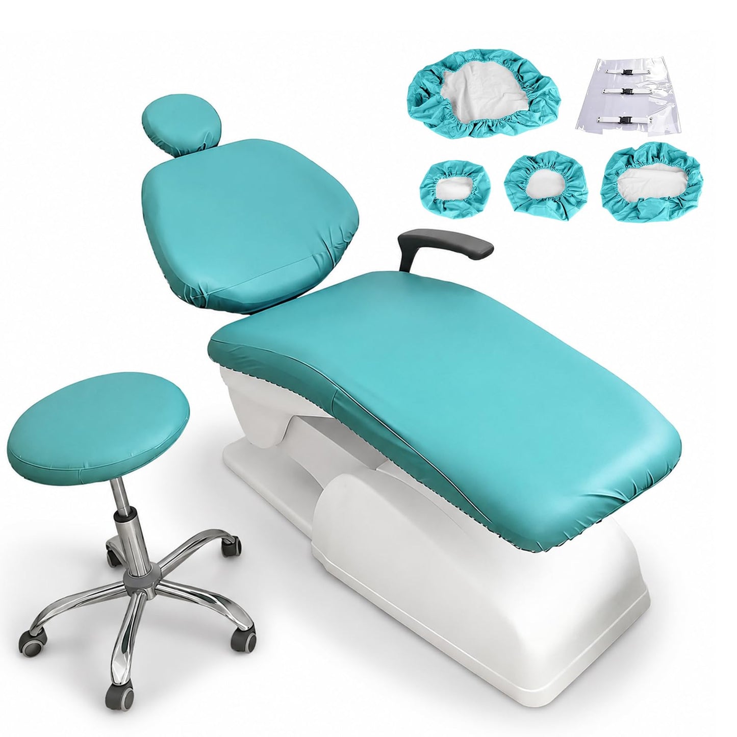 buyzg 5Pcs Dental Chair Covers Set - Waterproof & Non-Slip PU Leather Elastic Full Covers with Foot, Seat, Headrest & Backrest Protectors for Dental Clinic Chairs(Lake Blue)