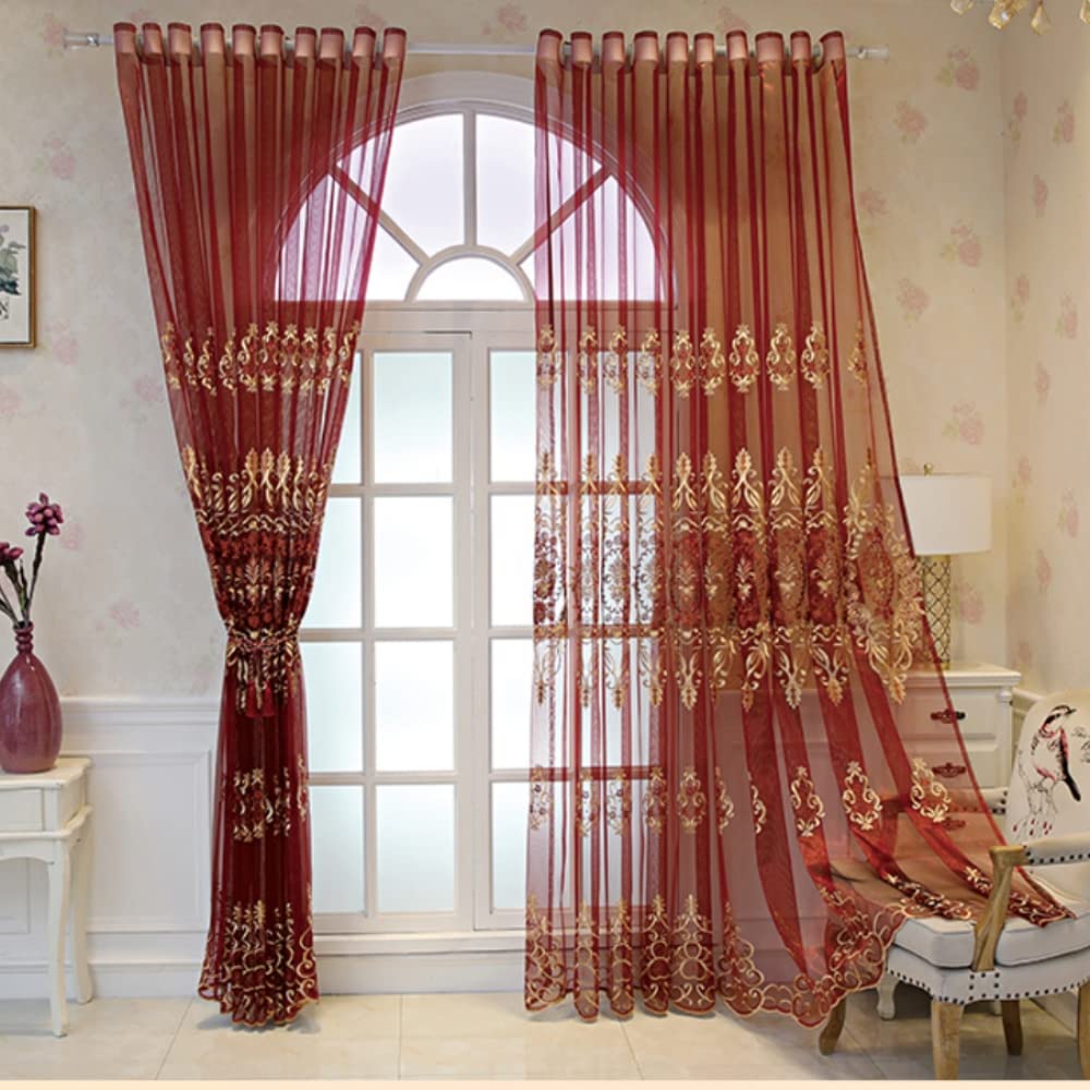 Amidoudou 1 Pair European Jacquard Sheer Curtains for Living Room Bedroom Luxury Embroidered Tulle Curtains (Red,52x90 Inch)