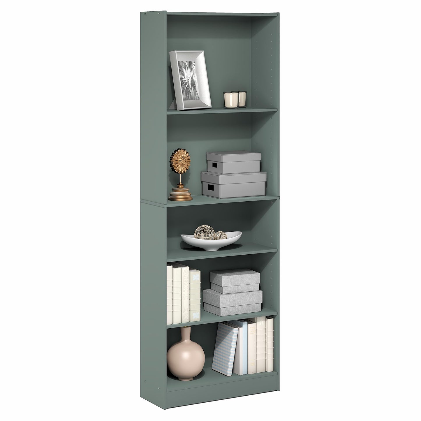 Furinno Jaya Book Shelf, 5-Tier Bookshelf, Bookcase with Adjustable Shelves, 9.5" x 24.5" x 71.2", for Organization and Storage, for Living Room, Bedroom, Home Office, Sage Green