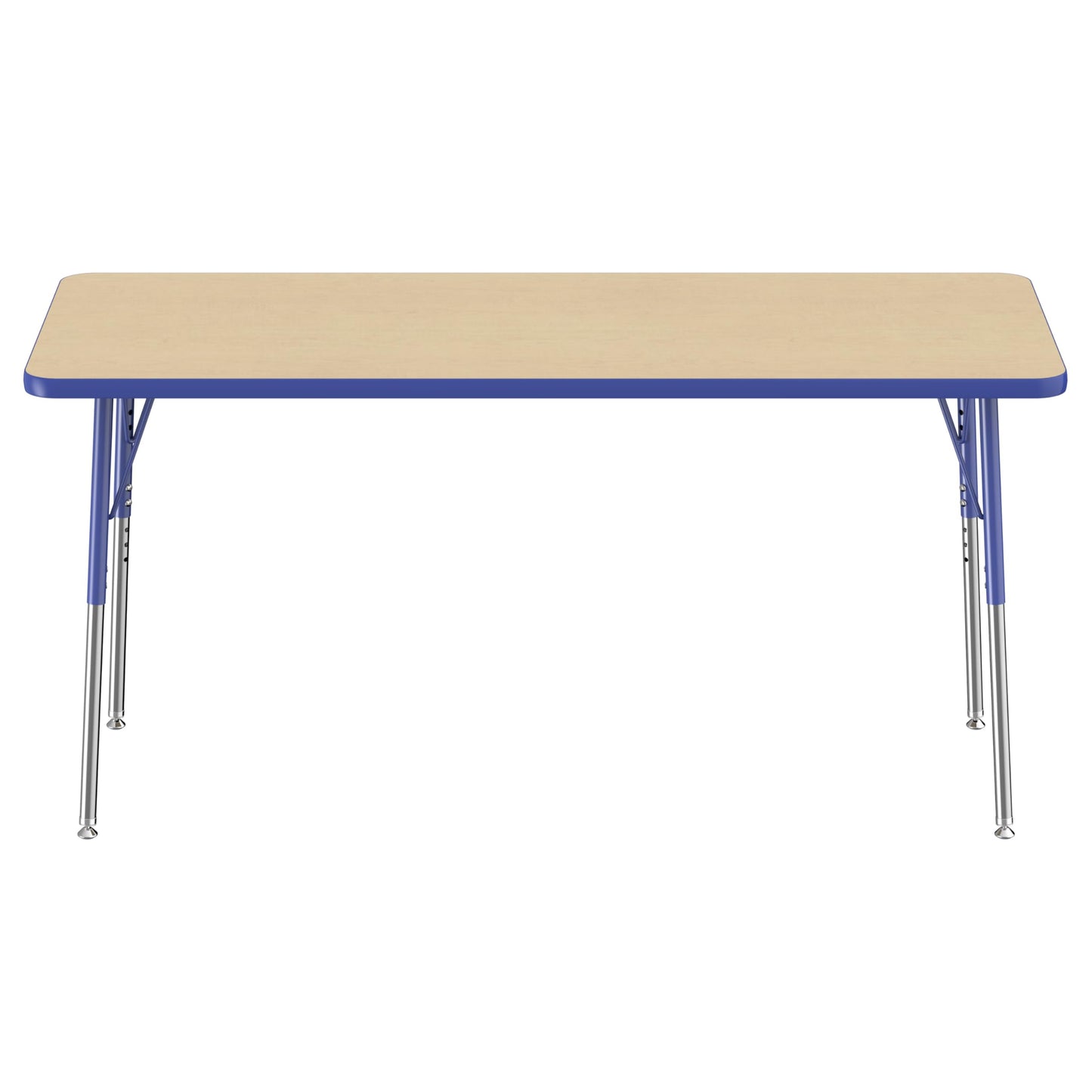 FDP Rectangle Activity School and Office Table (24 x 60 inch), Standard Legs with Swivel Glides, Adjustable Height 19-30 inches - Maple Top and Blue Edge