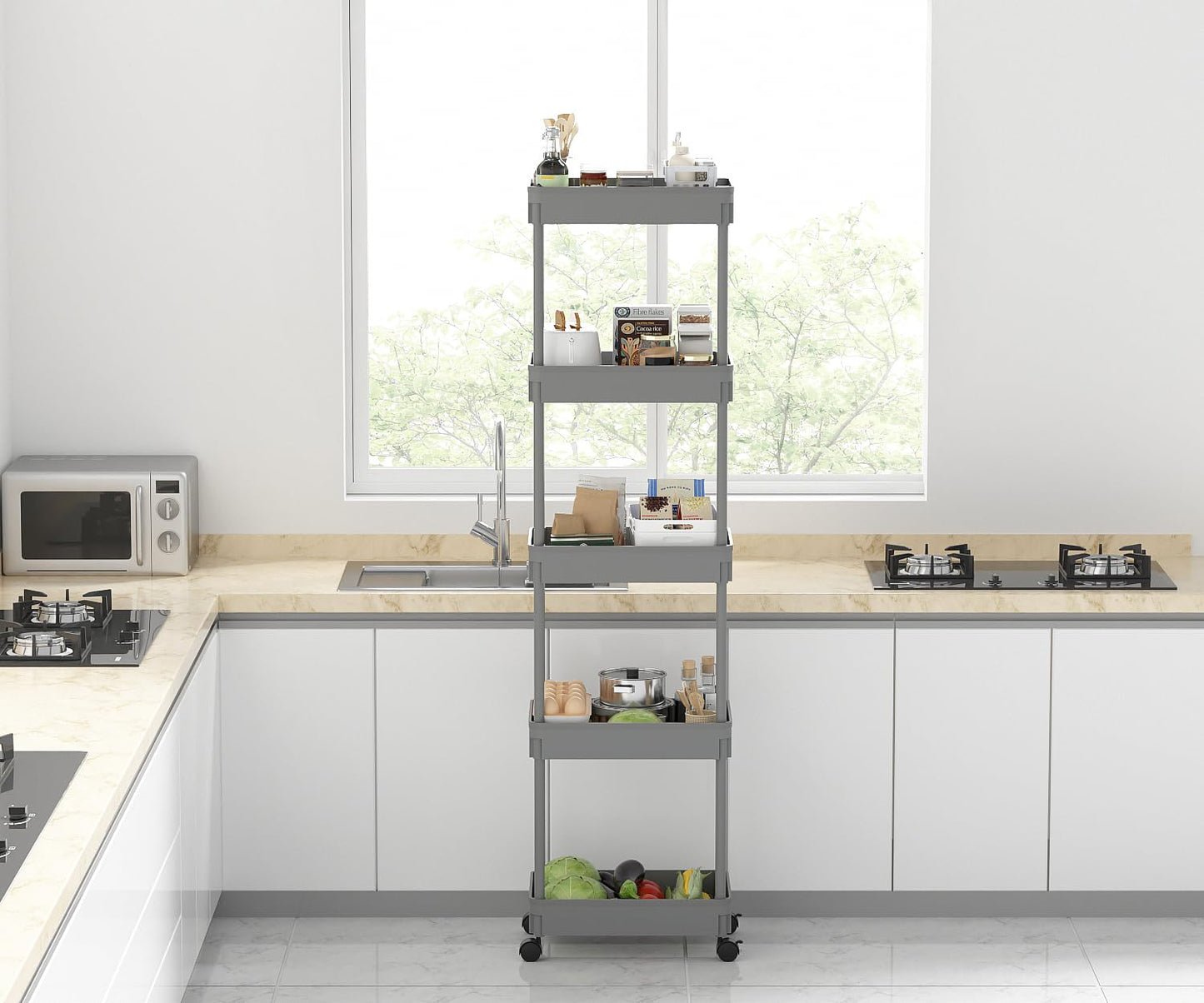 Sooyee 5-Tier Plastic Rolling Utility Cart with Wheels, Multi-Functional Storage Trolley for Office, Living Room, Kitchen, Movable Storage Organizer with Wheels,Grey
