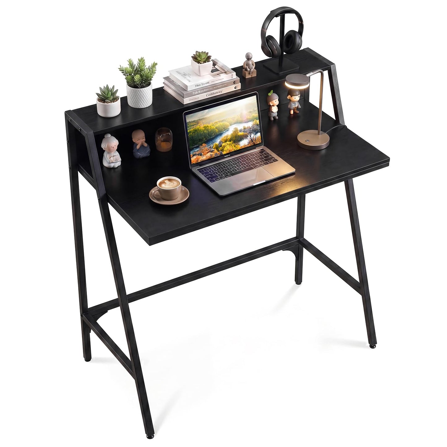 Giantex 31.5” Small Computer Desk, Industrial Writing Desk with Raised Storage Shelf & Heavy-Duty Metal Frame, Compact Study Desk Computer Workstation for Bedroom Dorm (Black)