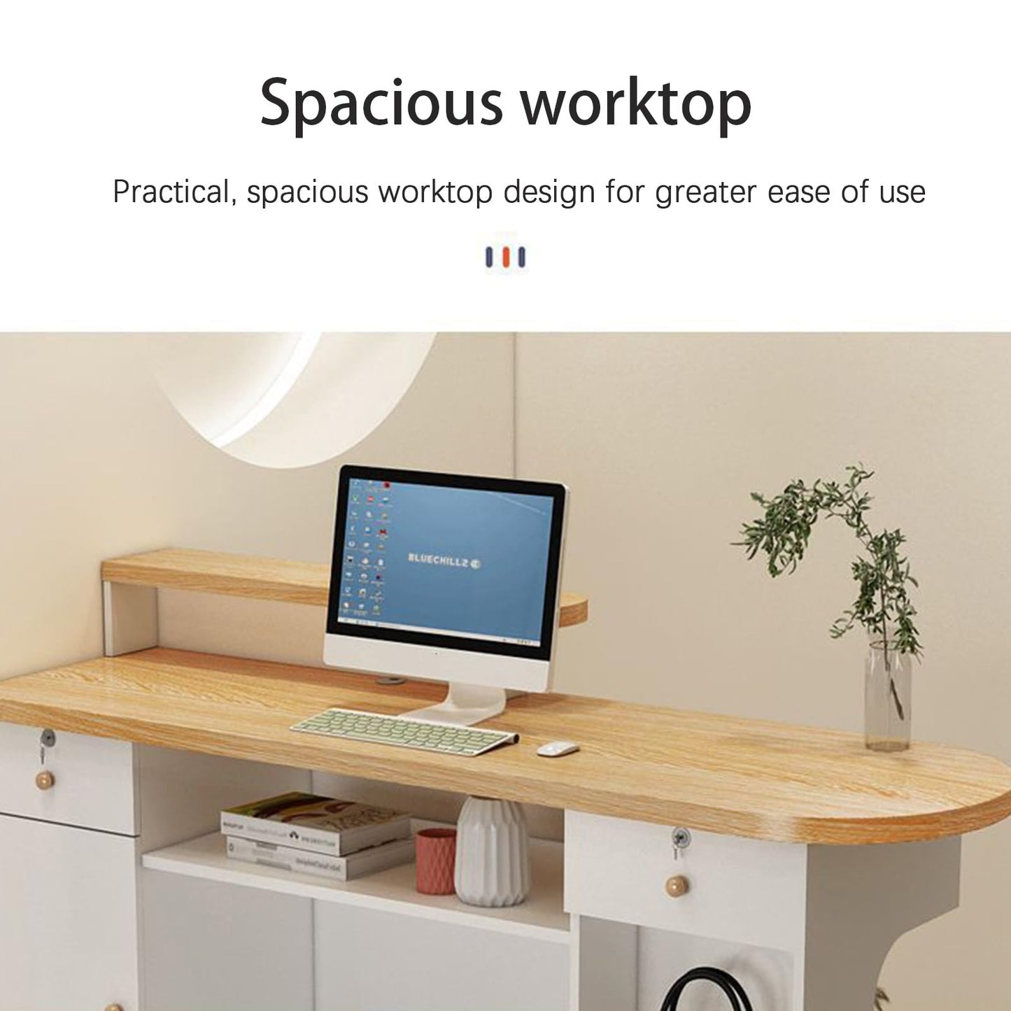 JQslycdmv Reception Desk, Lockable Drawers & Keyboard Tray, Display Cabinet with Lighting, for Checkout, Barber, Beauty Salon, Home Office(White – Left,80cm)
