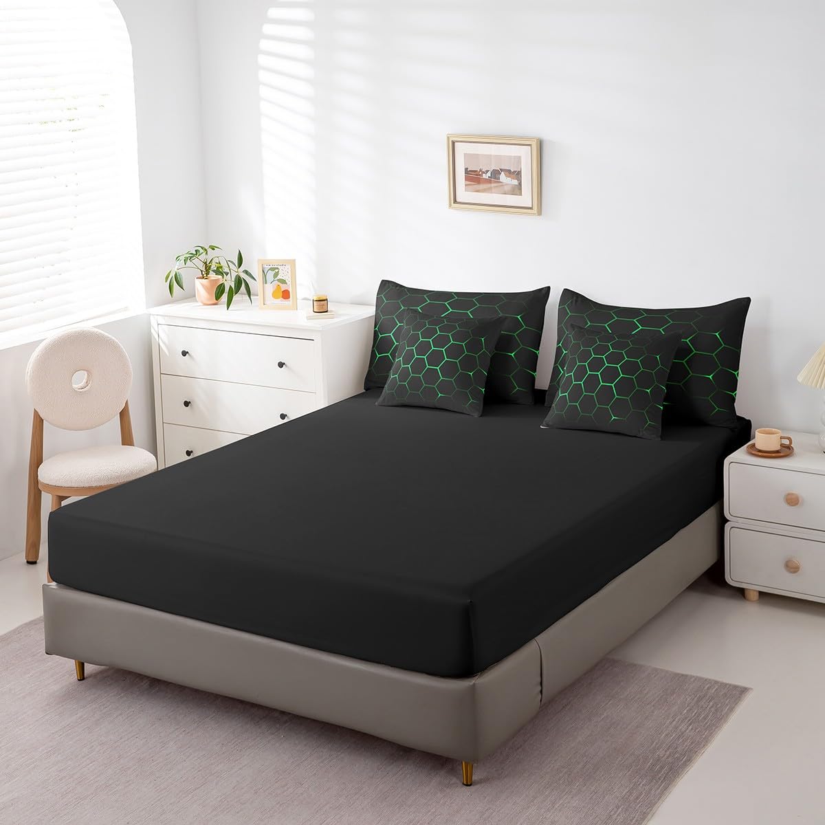 Feelyou Hexagonal Bed in a Bag 3D Geometric Honeycomb Comforter Set with Sheets for Kids Boys Girls Luxury Beehive Hexagon 7 Piece Bedding Set Neon Green Black Decor Bed Set Twin Size
