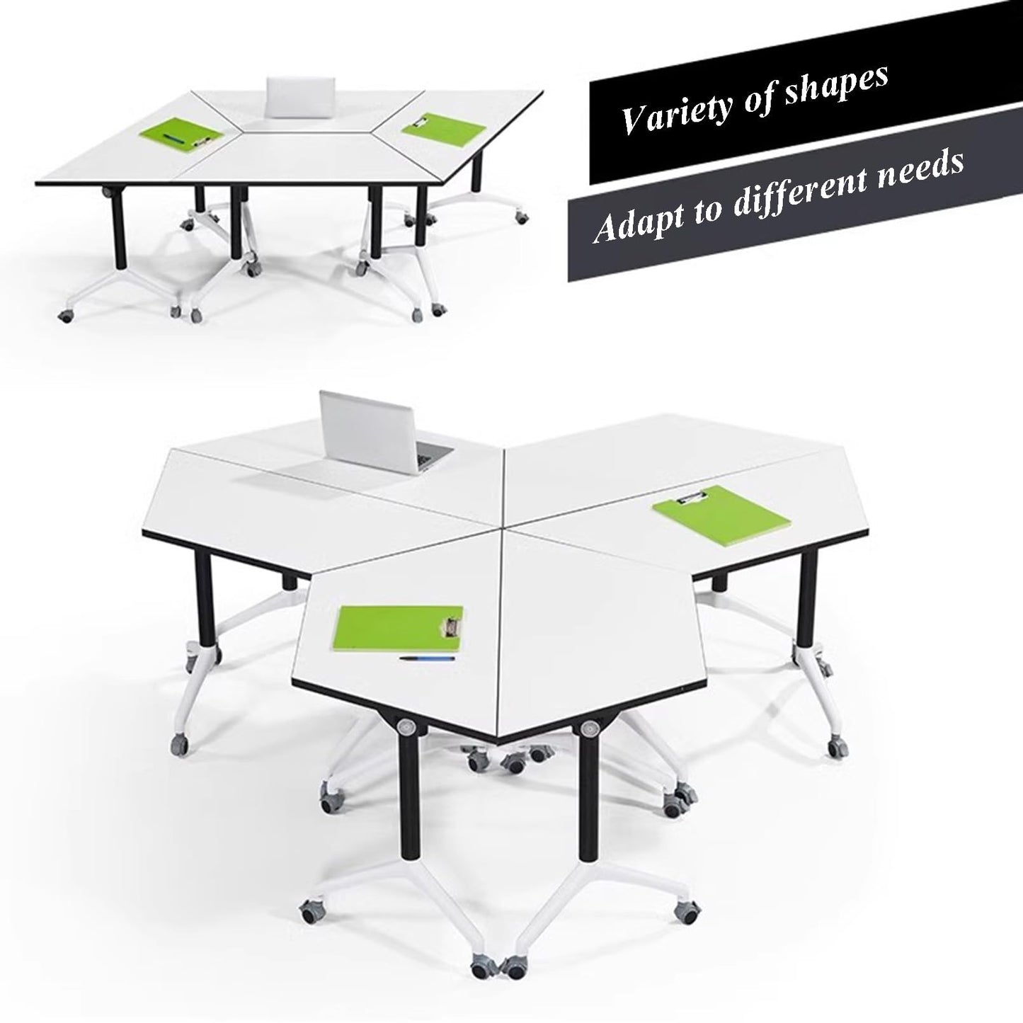 Conference Table, Meeting Table with Wheels, Trapezoidal Podcast Training Table, Polygonal Splicable Desk for Home Office, Studio, Business, Dining Room