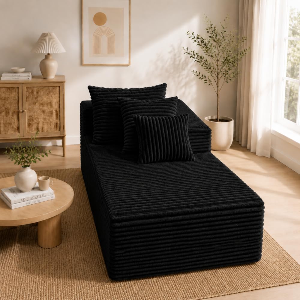 L-Shaped Sectional Sofa Corduroy Couch, All Sponge No Frame No Springs Sofa, Modern Modular Fabric Sofa with Pillows for Living Room Bedroom Apartment (Black（R） Right Chaise)