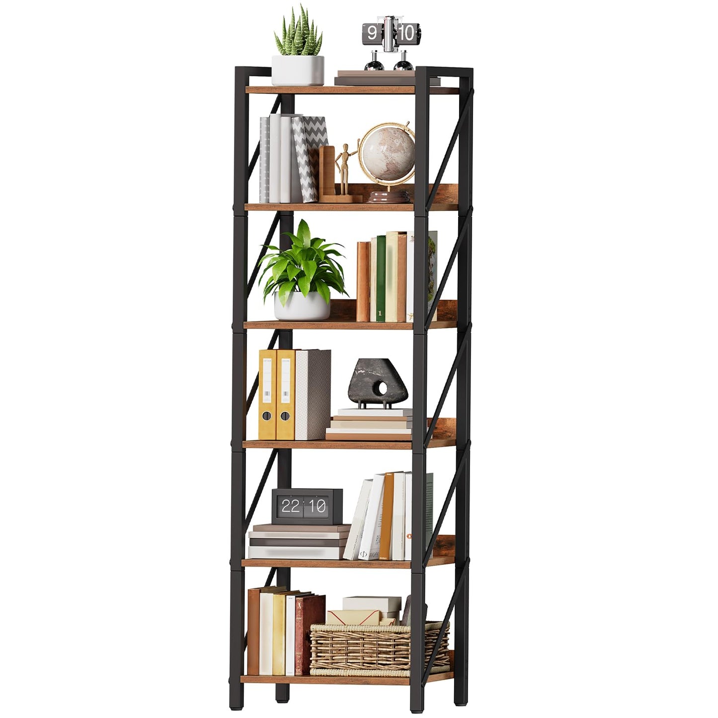 HOOBRO Bookshelf, 6-Tier Industrial Bookcase, Book Shelf Storage Organizer, Tall Bookshelf with Metal Frame for Living Room, Bedroom, Home Office, Kitchen, Rustic Brown and Black BF72SJ01