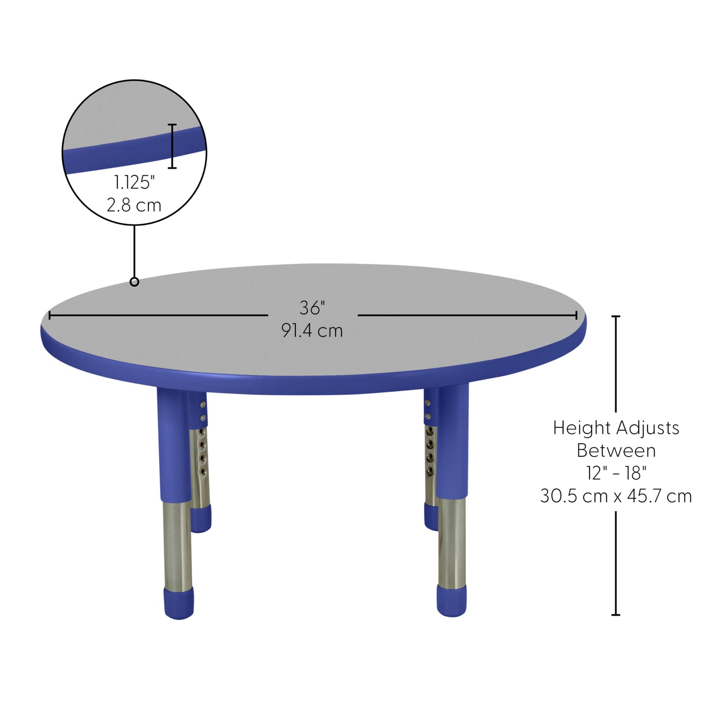 FDP Round Toddler Activity School Toddler Table (36 inch), Blue Tiny Tot Legs, Adjustable Height 12-18 inches - Gray Top and Blue Edge
