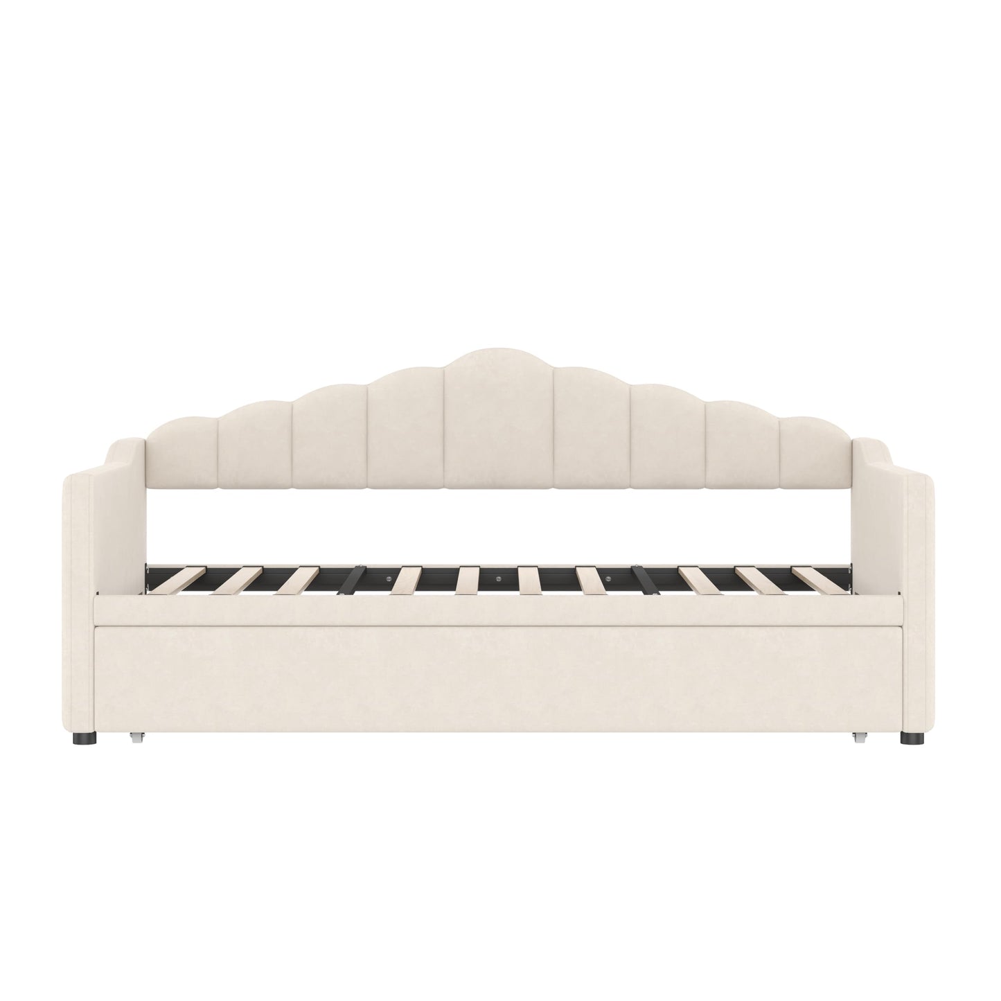 Twin Size Upholstered Daybed with Pop up Trundle,Velvet Day Bed Frame with USB and Side Pockets,Twin to King Daybed, Tufted Sofa Bed for Bedroom,Living Room,Guest,Beige