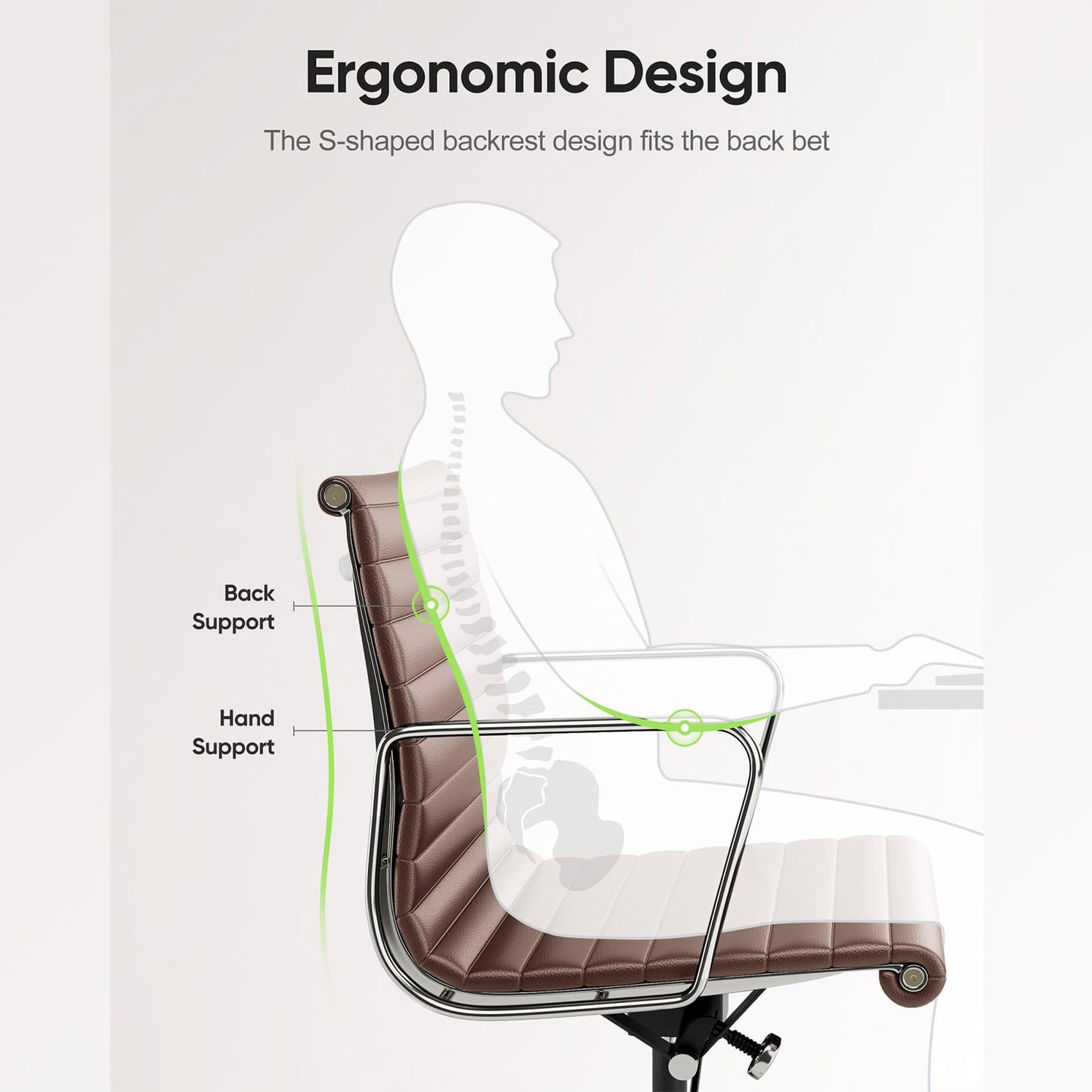 OTDMEL Ribbed Office Chair with Top Grain Leather - Mid Back Ergonomic Desk Chair with Aluminum Arm Rest and 5-Star Base, Swivel Chair Brown