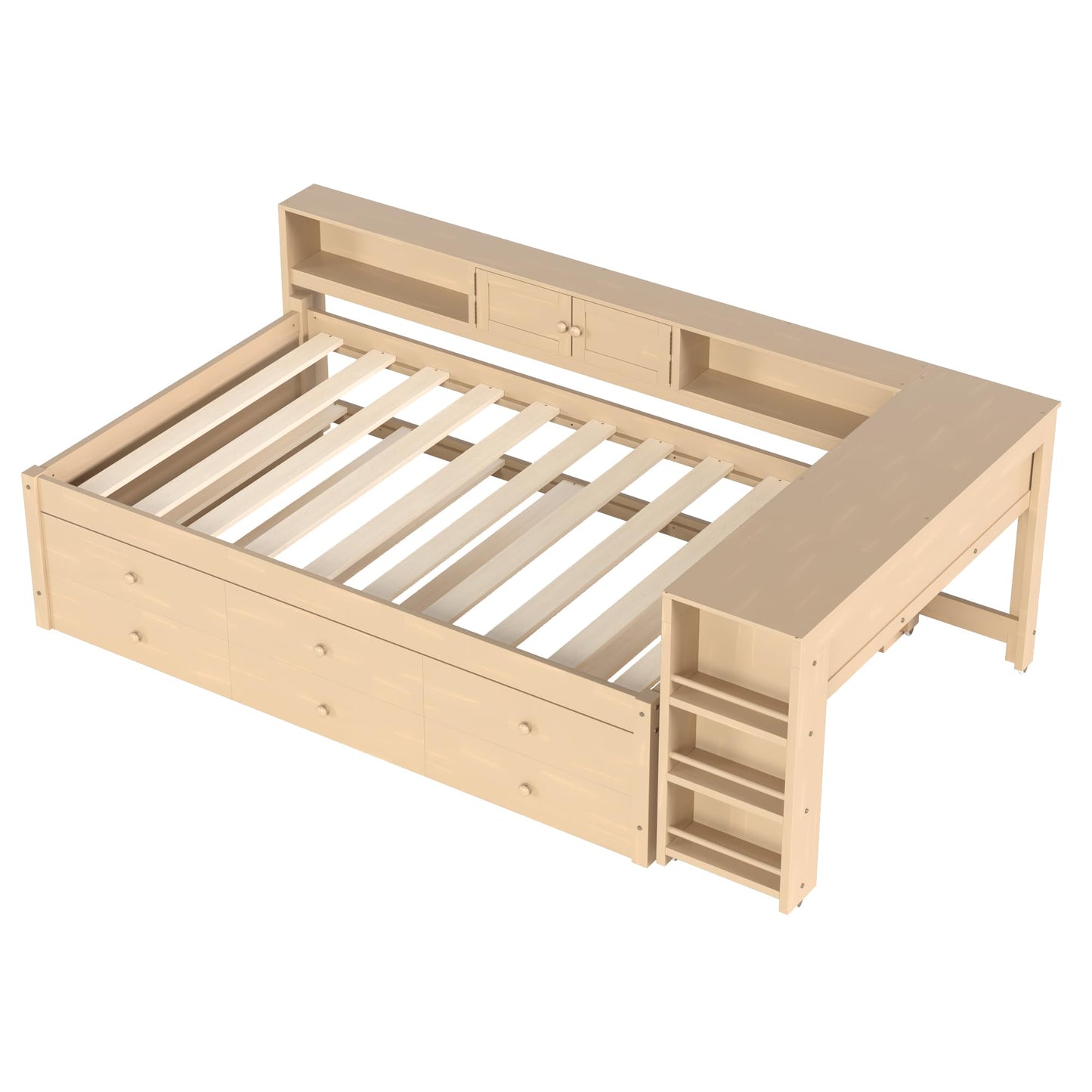 Daybed with Pull-out Desk and Trundle, Twin Size Wood Bed Frame with Multiple Storage Drawers, Open Shelves and Cabinets for Kids Adults Bedroom Furniture, Multifunctional L-Shaped Sofa Bed (Golden)