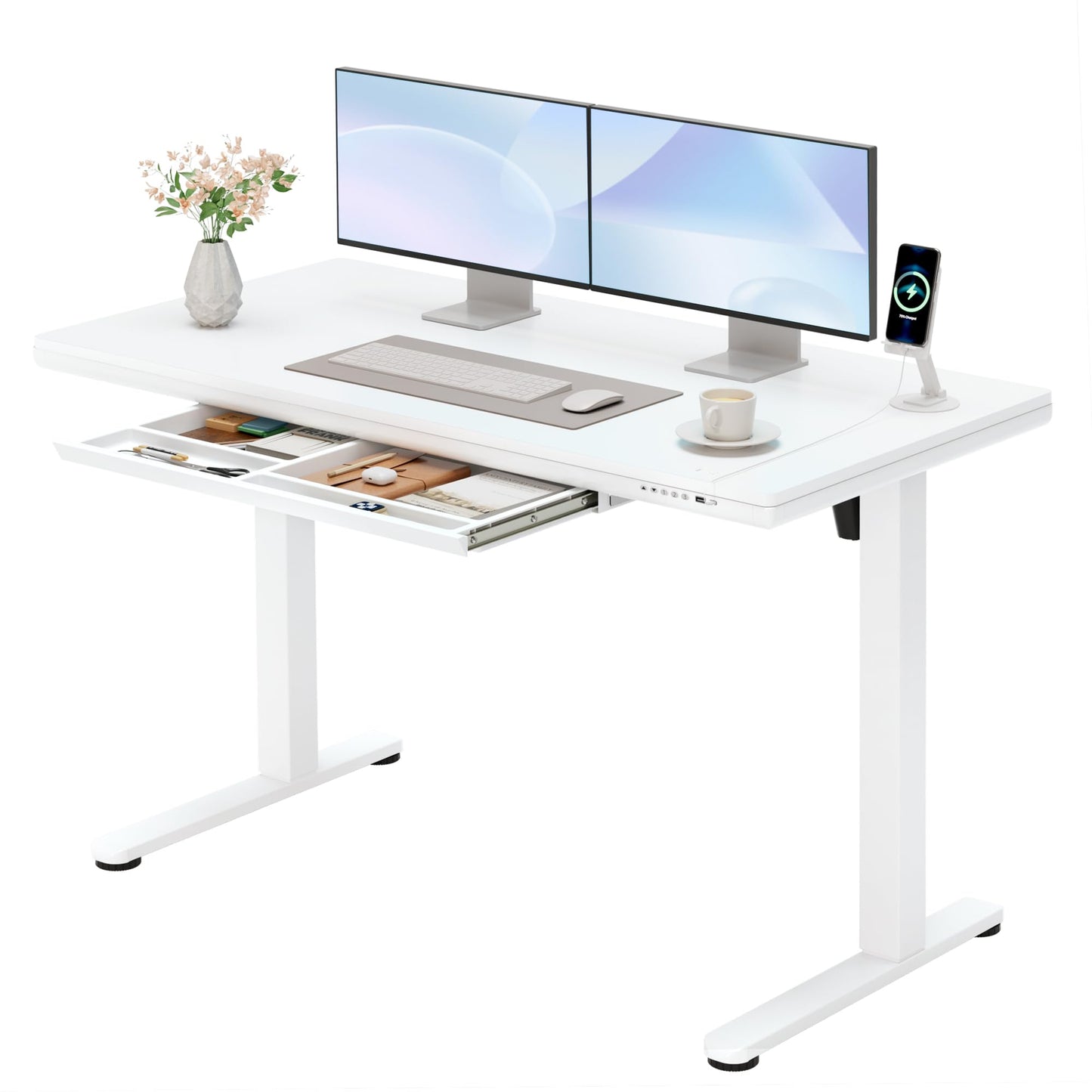 Furmax Adjustable Height Electric Standing Desk with Drawers, 48 Inch Sit Stand Desk with One-Piece Thickened Desktop & USB Charging Port for Home Office Computer Desks (White Desktop, 48 Inch)