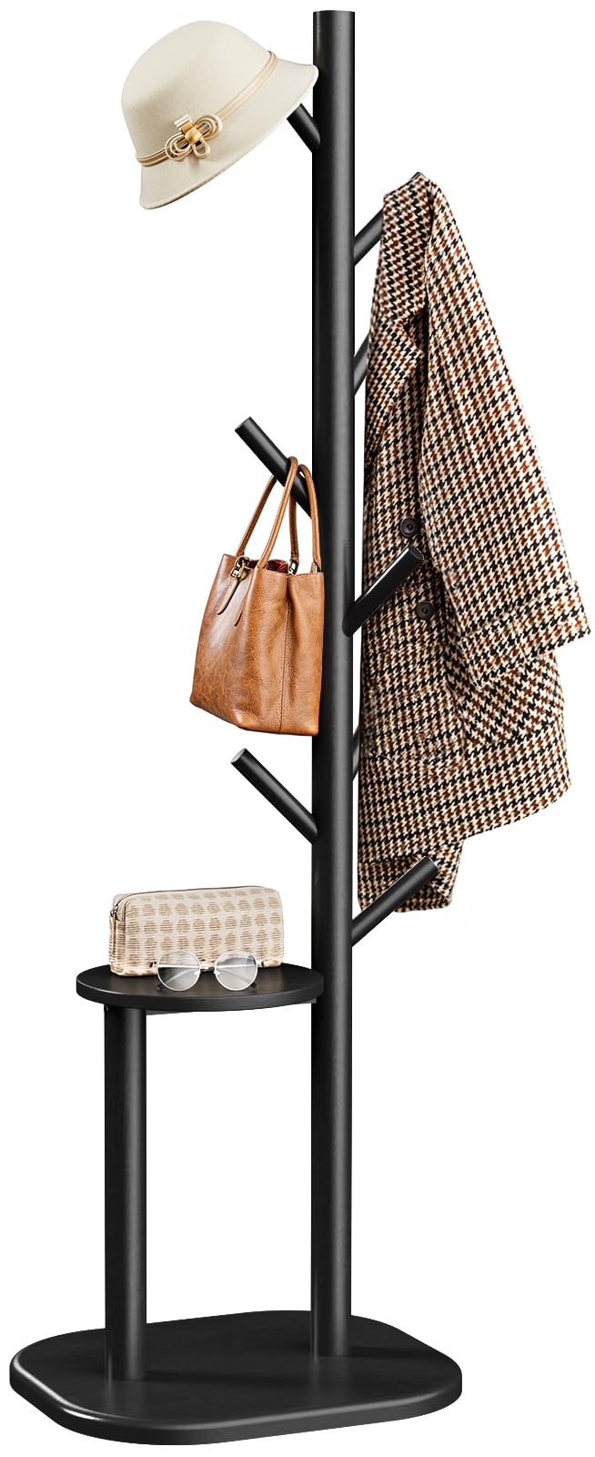 Pipishell Coat Rack, Freestanding Hall Tree with 8 Hooks & Storage Shelf, Solid Wood Base, 66.3″ Tall Coat Rack Stand for Coats, Hats, Bag in Entryway, Bedroom, Living Room, Black, PIFCR11B
