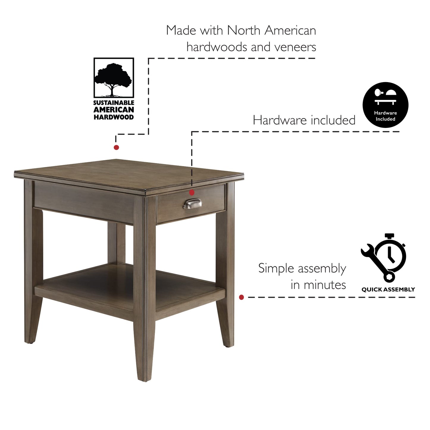 Leick Home Laurent End Table, Solid Wood, with Shelf and Drawer, Smoke Gray, 10507-GR