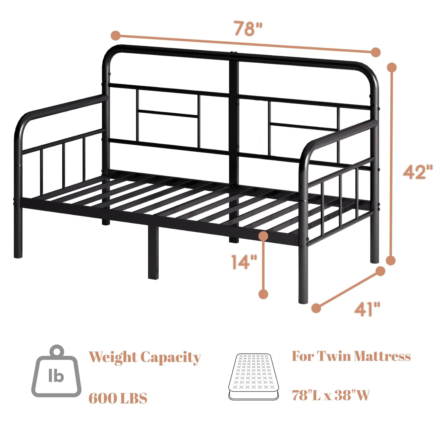 Yumenonaka Twin Daybed,Metal Sofa Day Bed Frame,Steel Slats Support for Bedroom Guest Room,Easy Assembly,Sturdy,Anti-Slip,Storage Space Bed Furniture,with Modern Headboard,Black