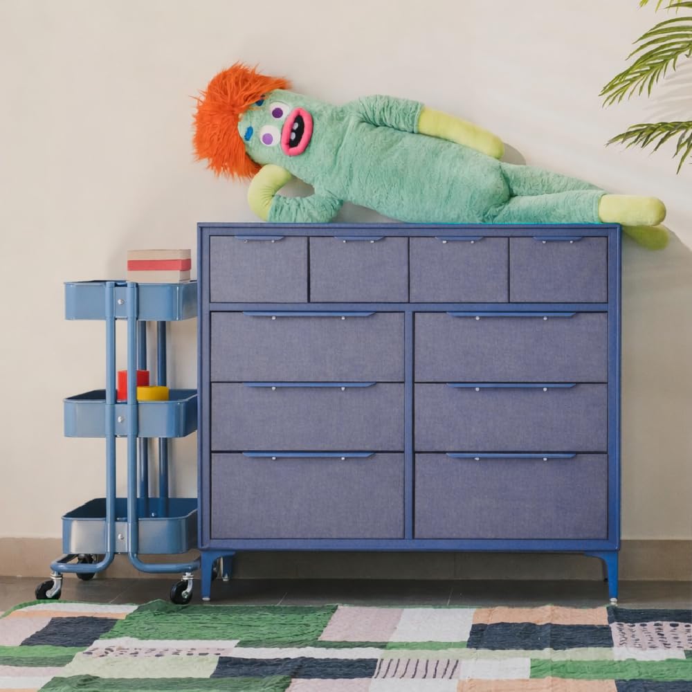 tinge Naima Premium Fabric Dresser - Strong Metal Frame, 10 Spacious Sag-Proof Drawers with Sleek Metal Handles - Premium & Durable Storage Solution for Your Home (Navy)