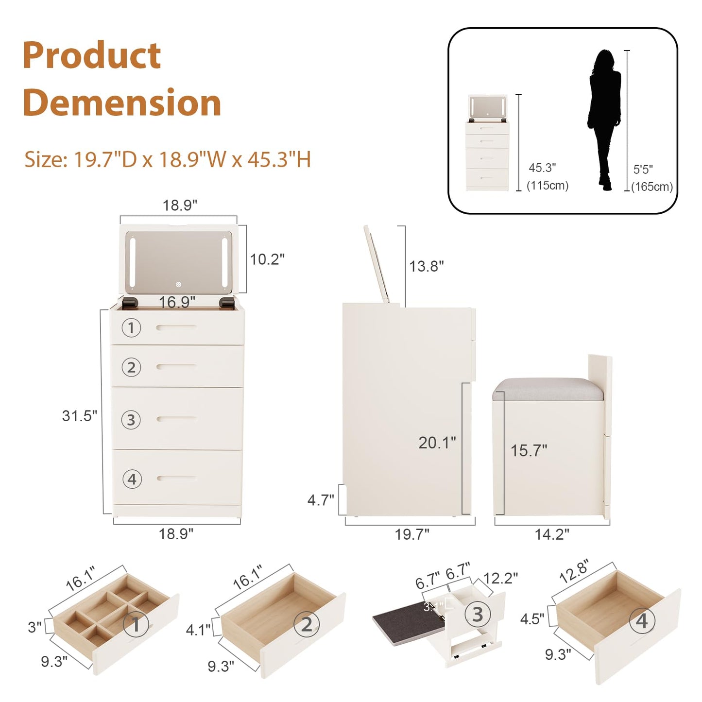 Muwuele Solid Wood 3 in 1 Vanity Desk with Flip Top Mirror, No Assembly, Compact Vanity with Hidden Chair, Small Makeup Vanity Set with Power Outlet, Dressing Table for Bedroom, White