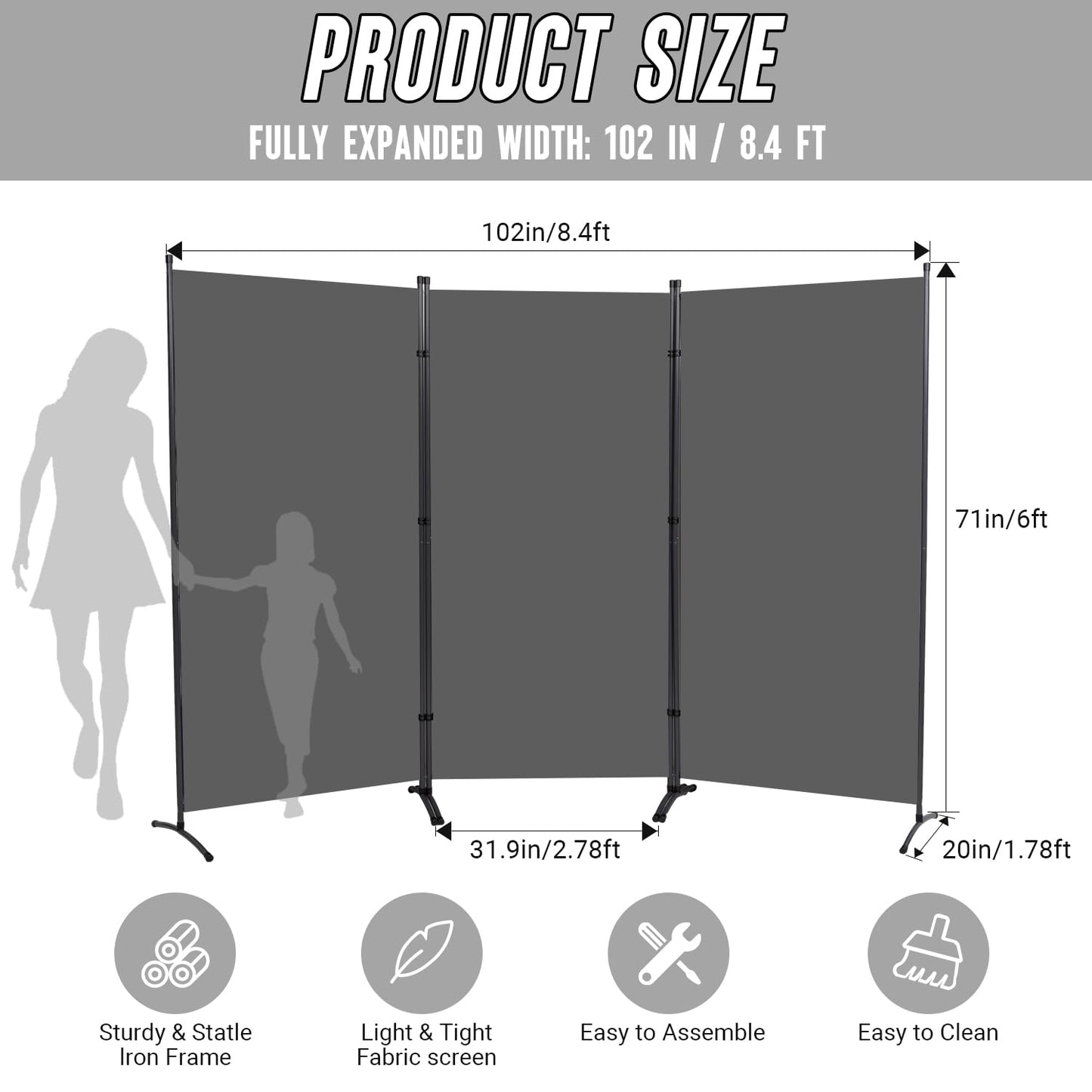 JVVMNJLK Indoor Room Divider, Portable Office Divider - 3 Panel Folding Partition Privacy Screen Walls - Room Separator, 102" W x 71.3" H, Grey