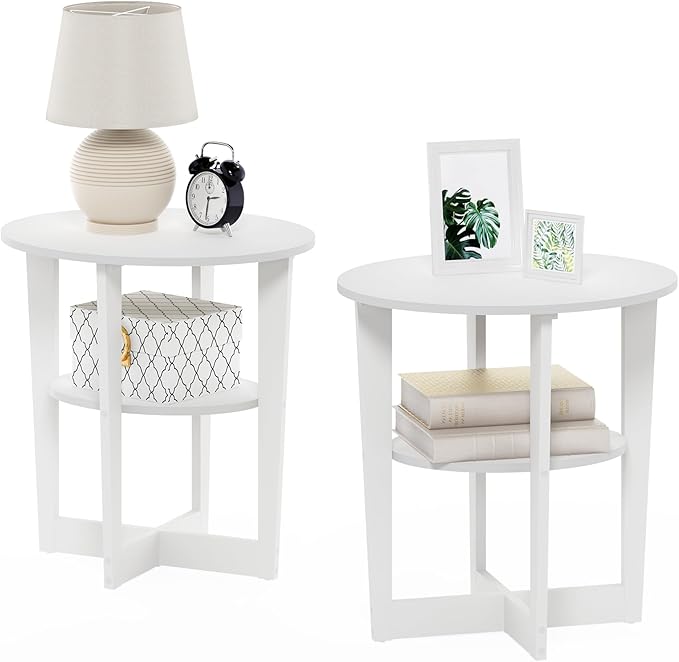 Furinno JAYA Side Table Set of 2, 2-Tier Round Modern End Table