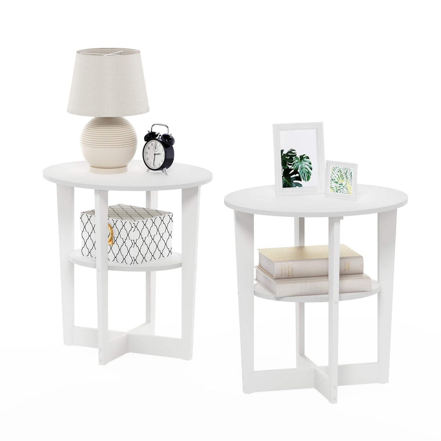 Furinno Jaya Side Table Set of 2, 2-Tier Round Modern End Table with Oval Tabletop, Night Stand, Bedside Table with Open Shelf, for Living Room, Bedroom, Plain White