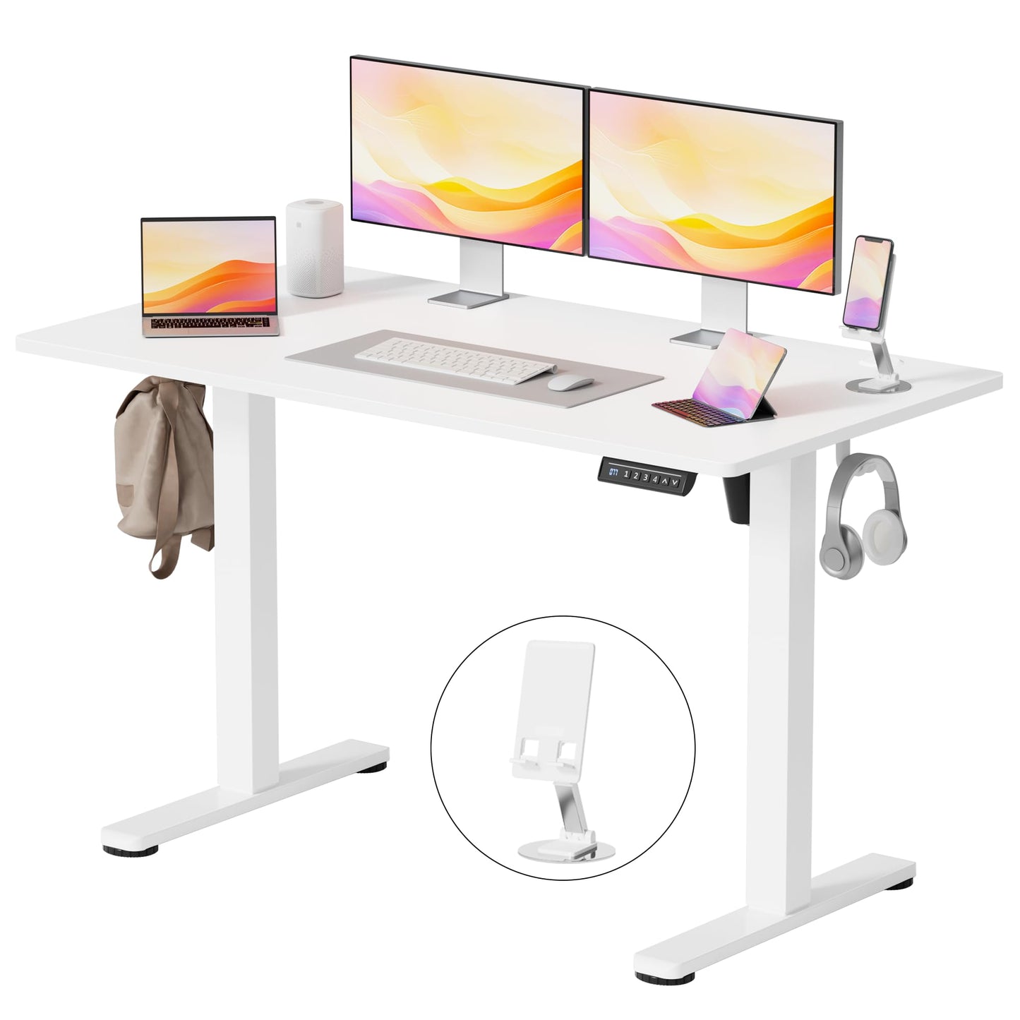 YESHOMY Height Adjustable Electric Standing Desk, 46 x 24 Inches Memory Home Office Sit Stand up Desk with Phone Holder and USB Charging Port, White