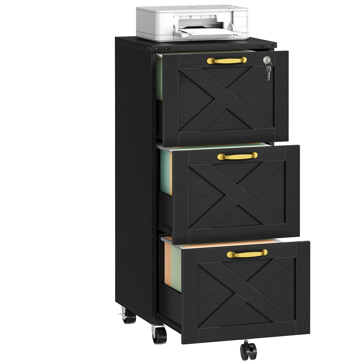 HOOBRO 3 Drawer File Cabinet with Lock, Mobile Filing Cabinet for Home Office, Wooden Farmhouse Office Storage Cabinet, Printer Stand Fits Letter and A4 Size, Black BK93WJ01