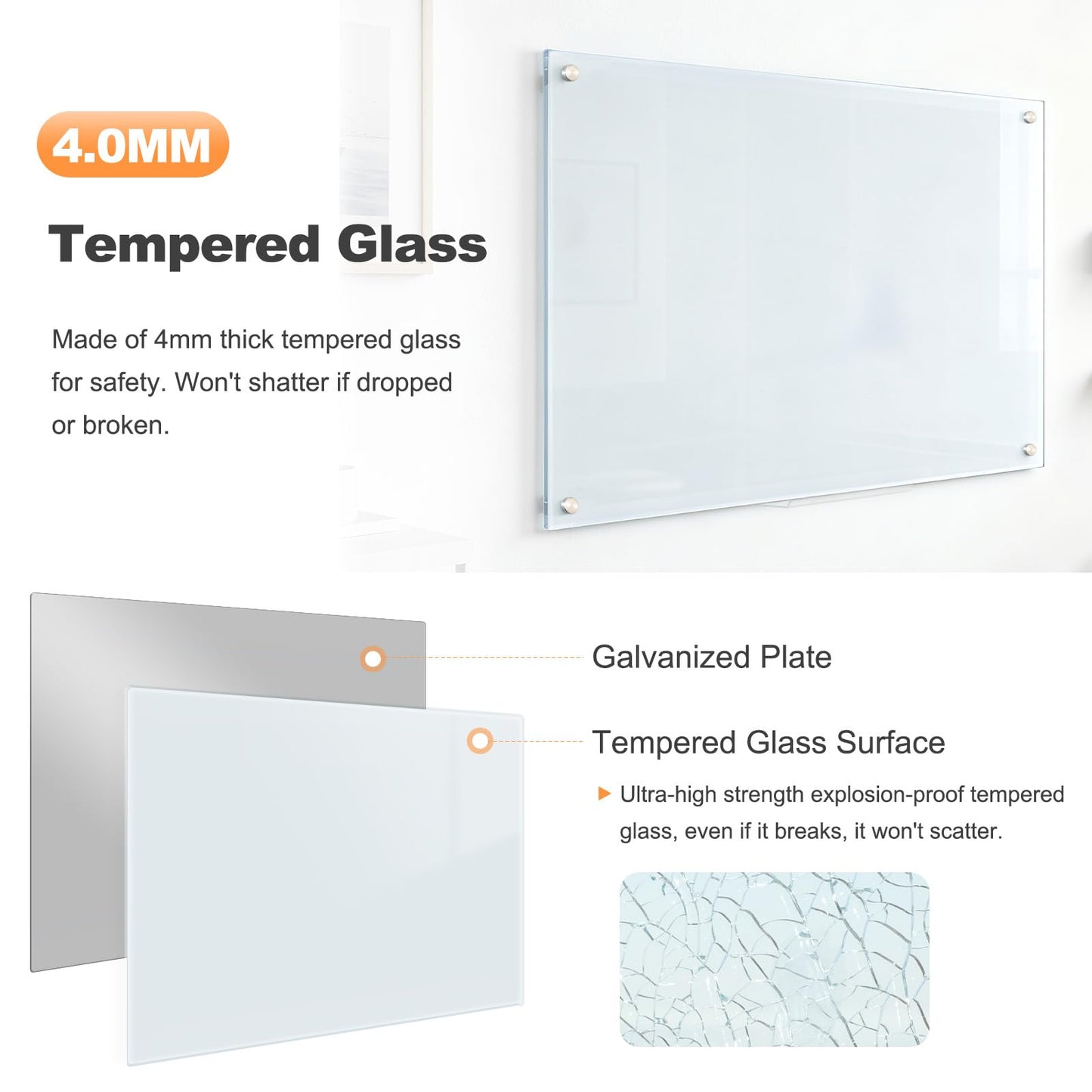 AMUSIGHT Glass Magnetic Dry Erase Board, 24" x 18" （2'x1.5'） Tempered Glass Whiteboard Wall Mounted Small White Board for Home, Office, School