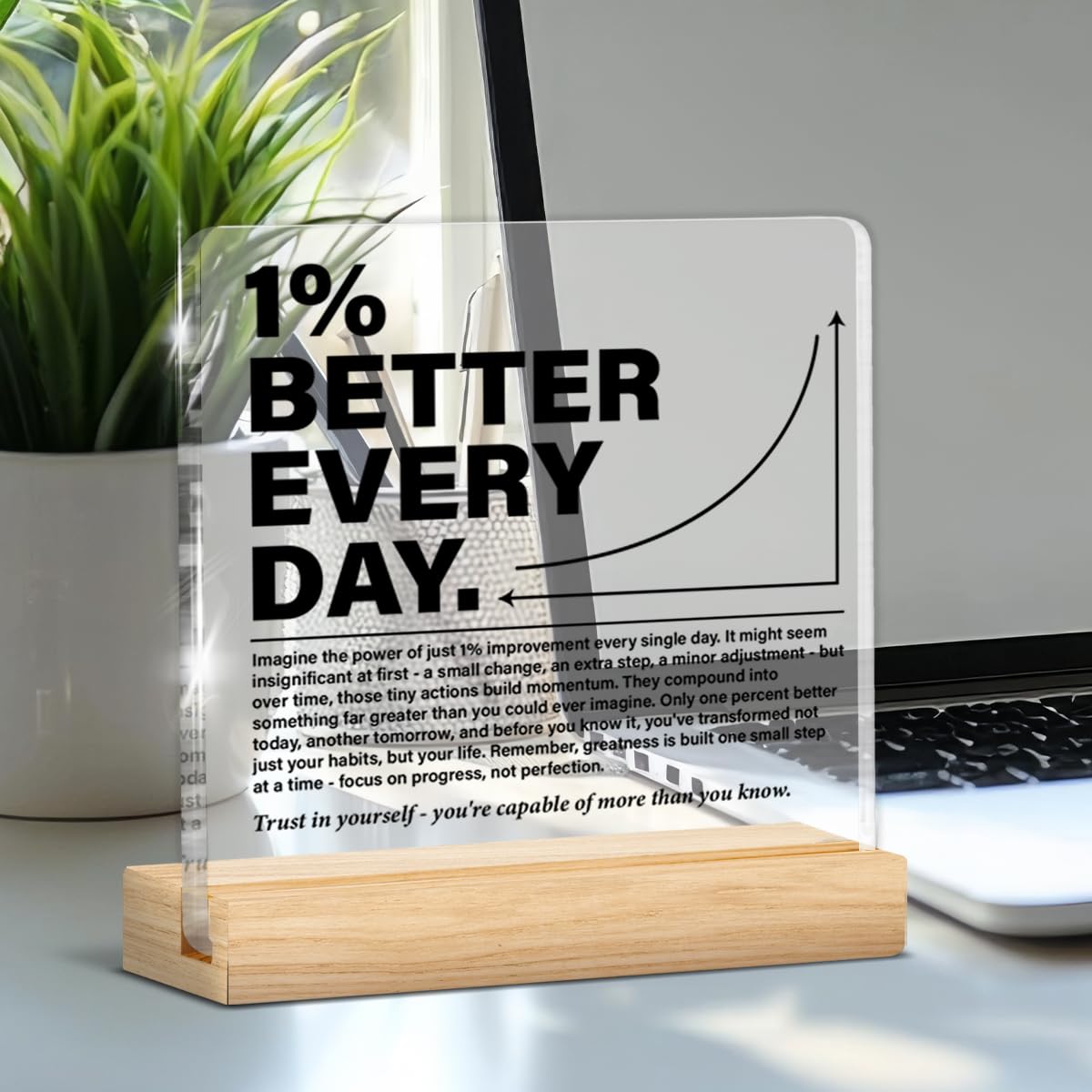 Inspirational Office Home Desk Decor 1% Better Every Day Clear Acrylic Desk Decorative Sign, Motivational Gifts for Coworker Employee Friend