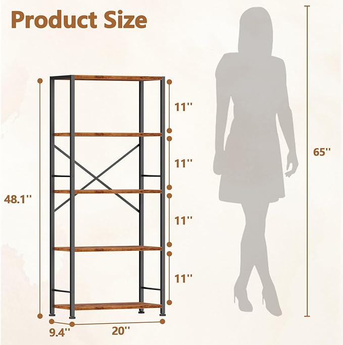 Furologee 5 Tier Book Shelf Set of 2, Tall Wide Bookshelf, Industrial Open